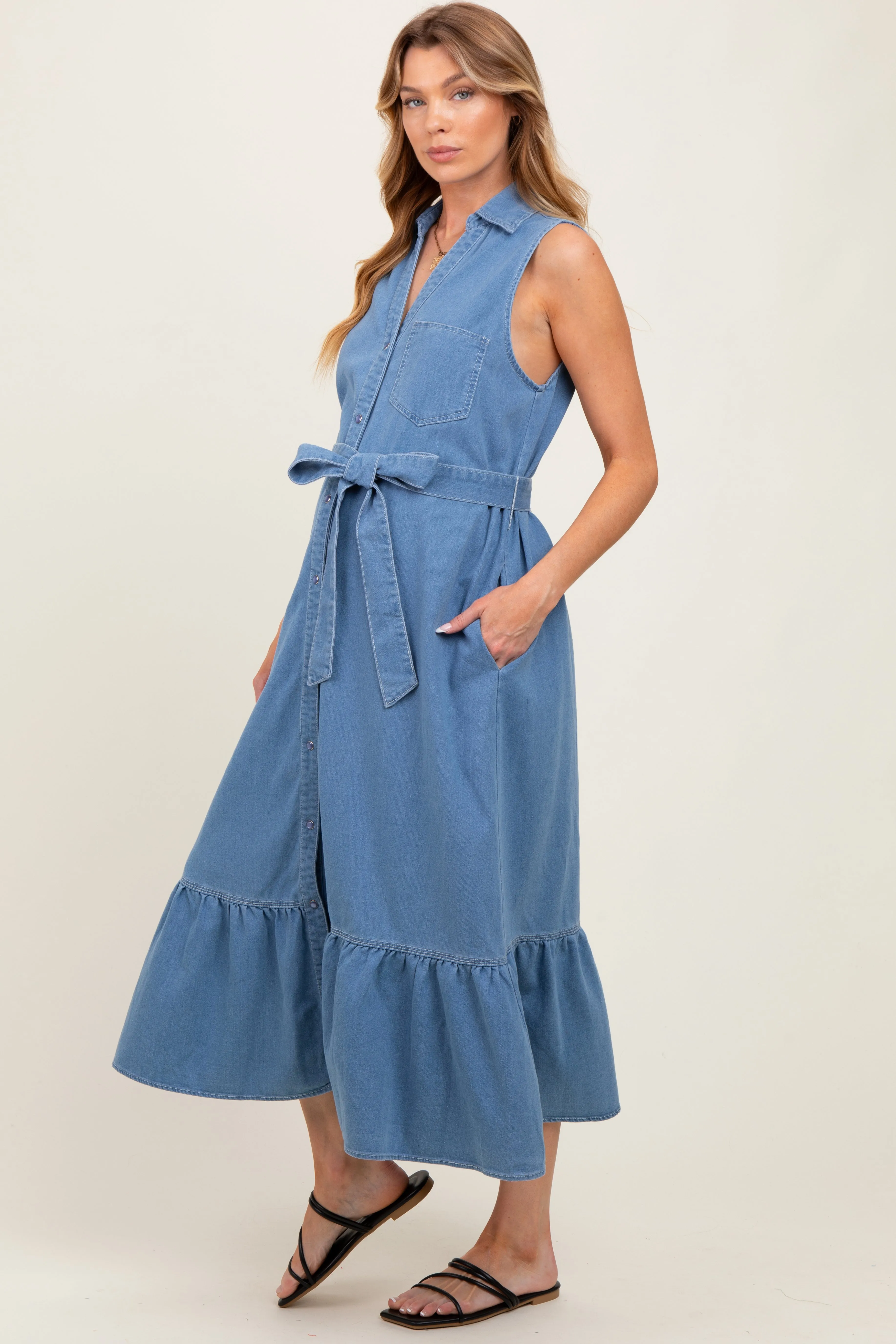 Blue Chambray Sleeveless Sash Tie Maternity Shirt Dress sold by Pinkblush product image thumbnail 3