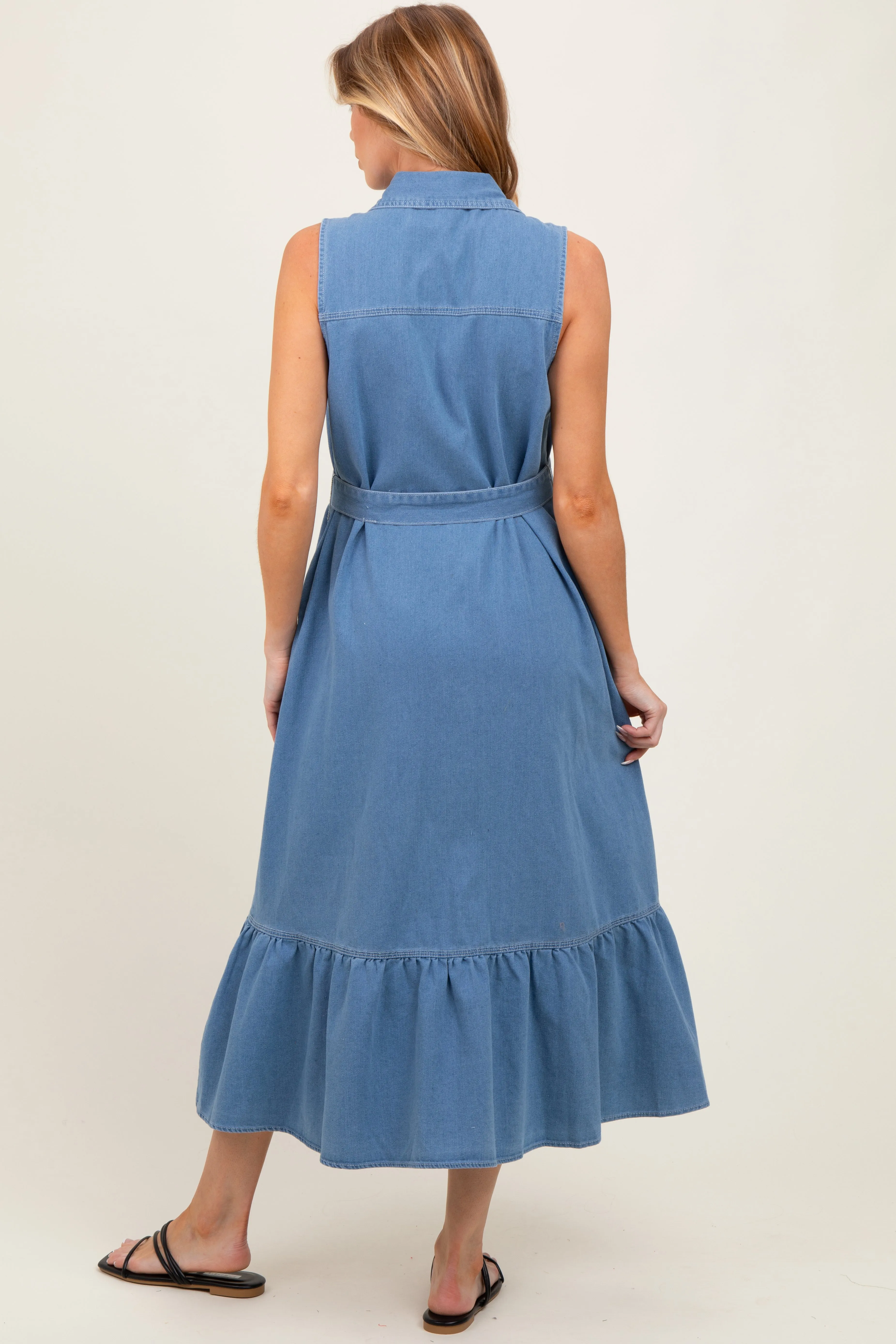 Blue Chambray Sleeveless Sash Tie Maternity Shirt Dress sold by Pinkblush product image thumbnail 4