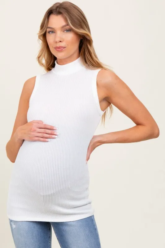 Ivory Striped Ribbed Mock Neck Sleeveless Maternity Top sold by Pinkblush