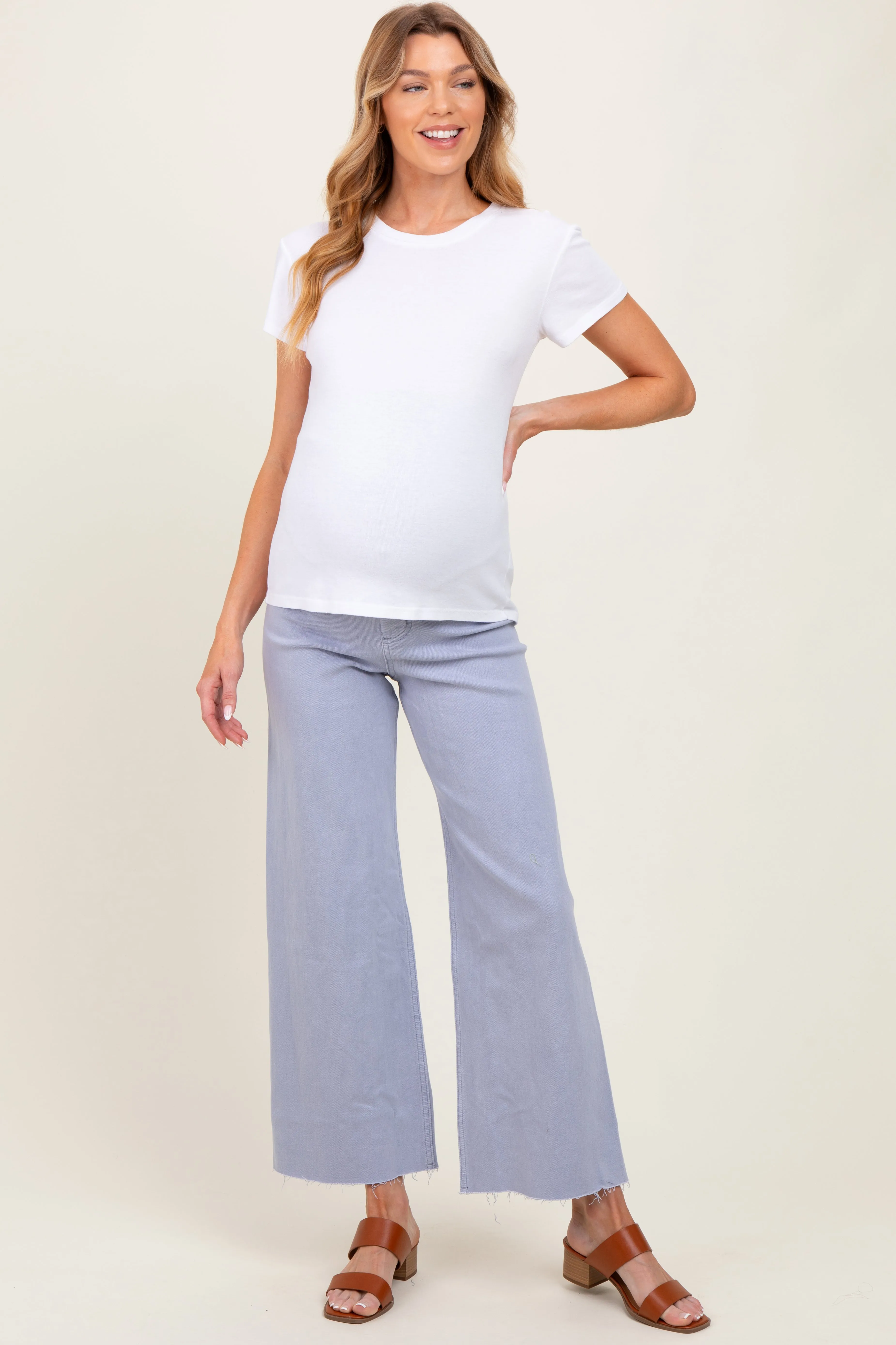 Periwinkle Blue Cropped Raw Hem Wide Leg Maternity Jeans sold by Pinkblush product image thumbnail 2