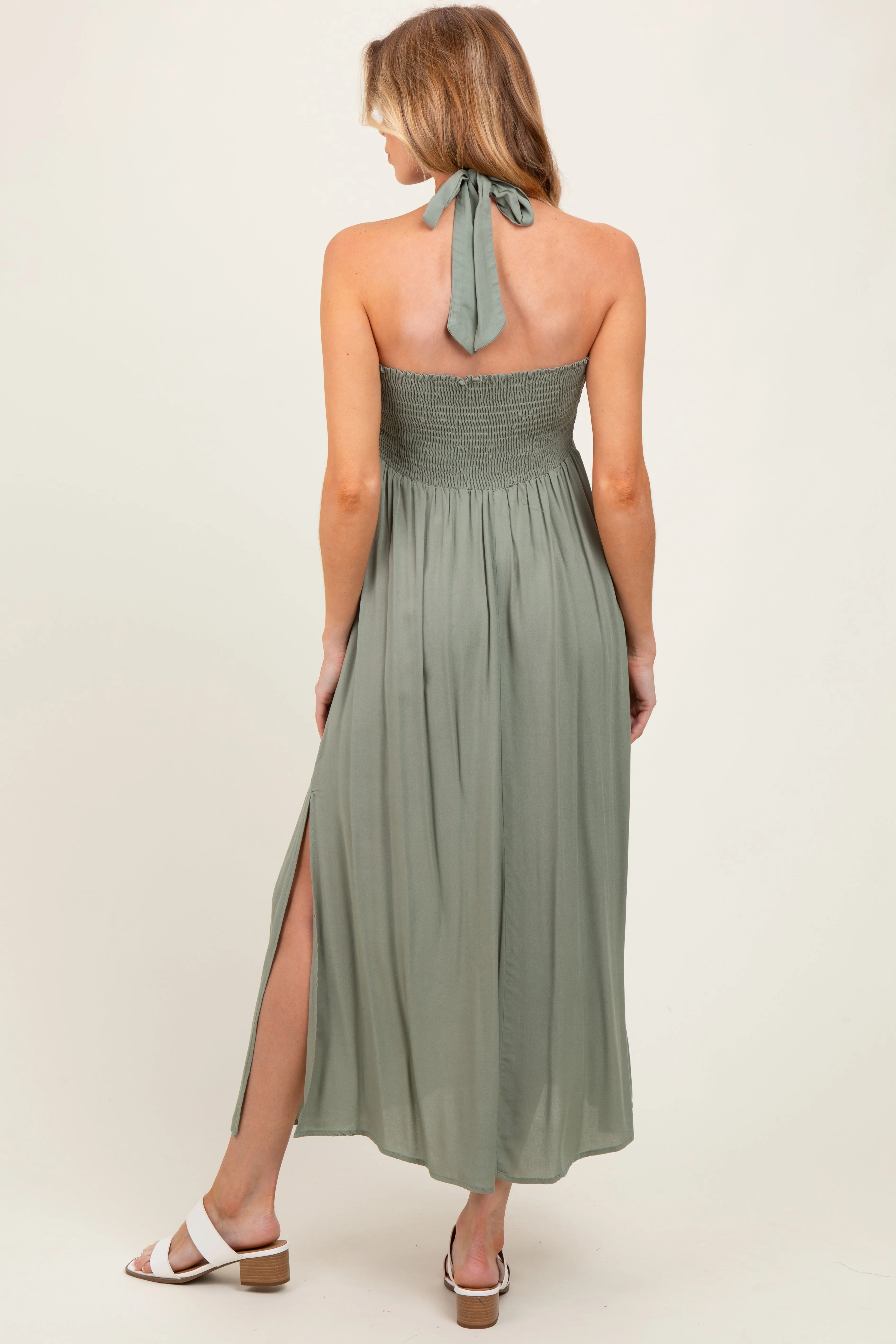 Light Olive Halter Neck Side Slit Maternity Midi Dress sold by Pinkblush product image thumbnail 3