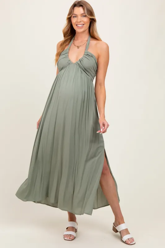 Light Olive Halter Neck Side Slit Maternity Midi Dress sold by Pinkblush