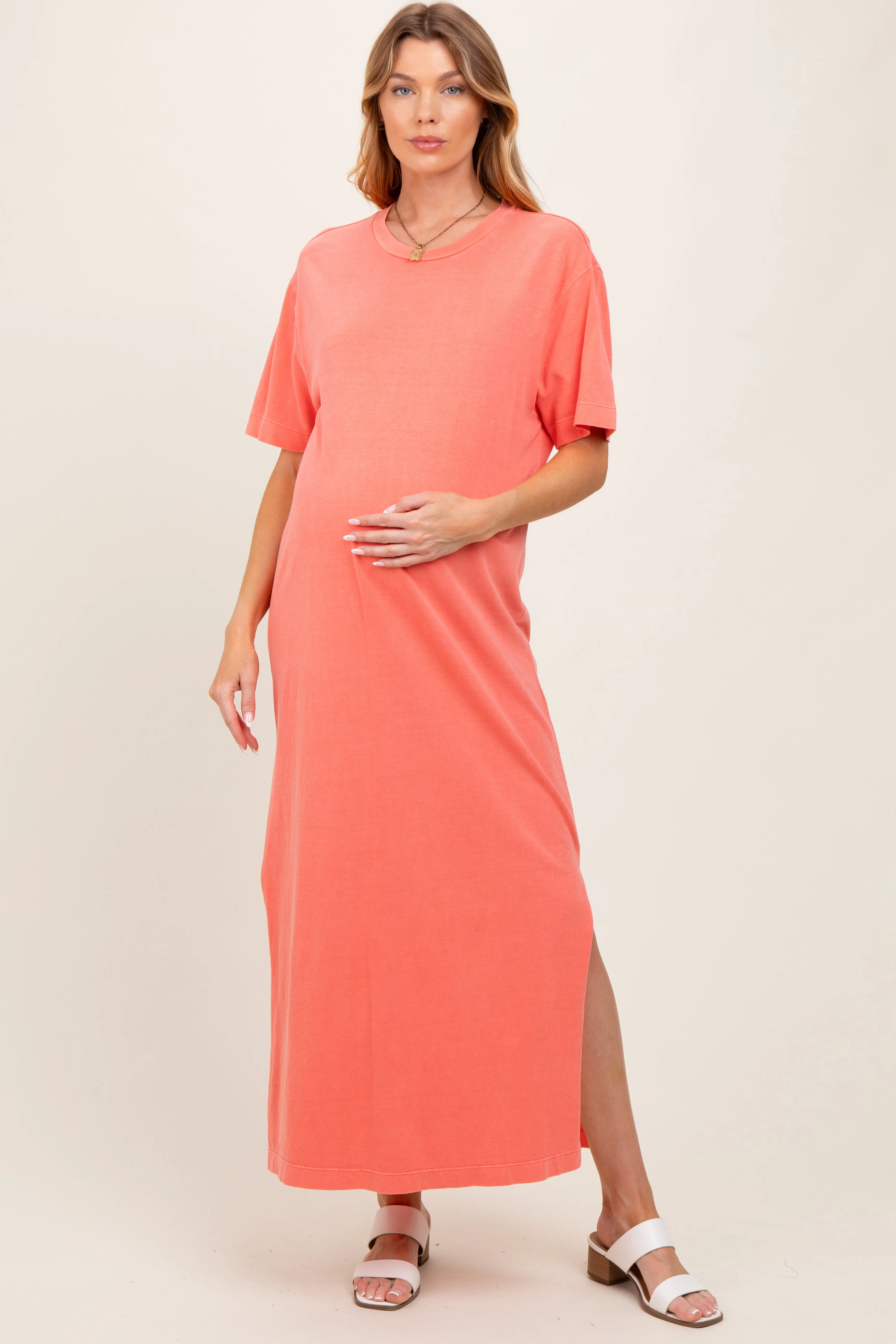 Coral Short Sleeve Knit T-Shirt Maternity Maxi Dress sold by Pinkblush product image thumbnail 2