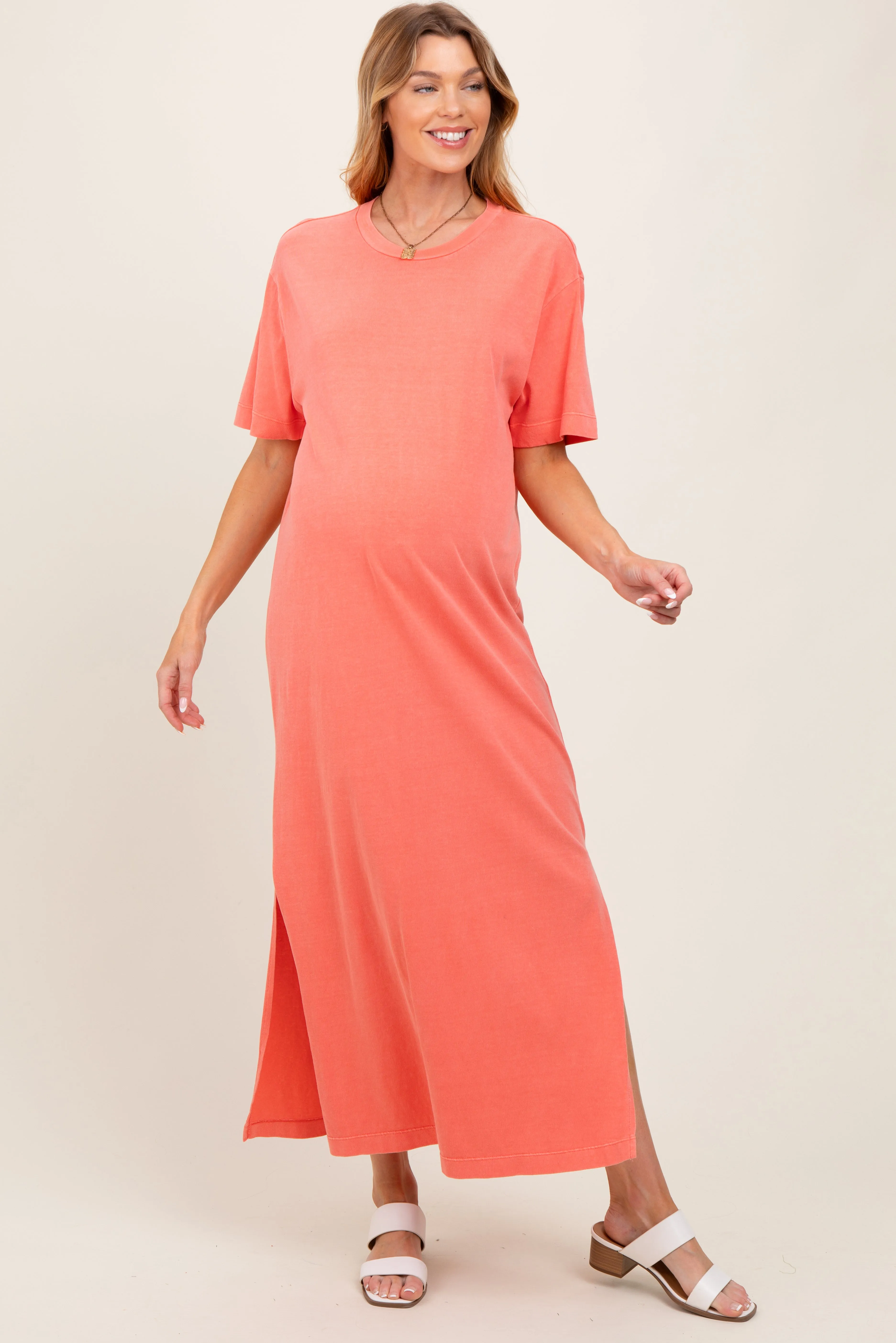 Coral Short Sleeve Knit T-Shirt Maternity Maxi Dress sold by Pinkblush