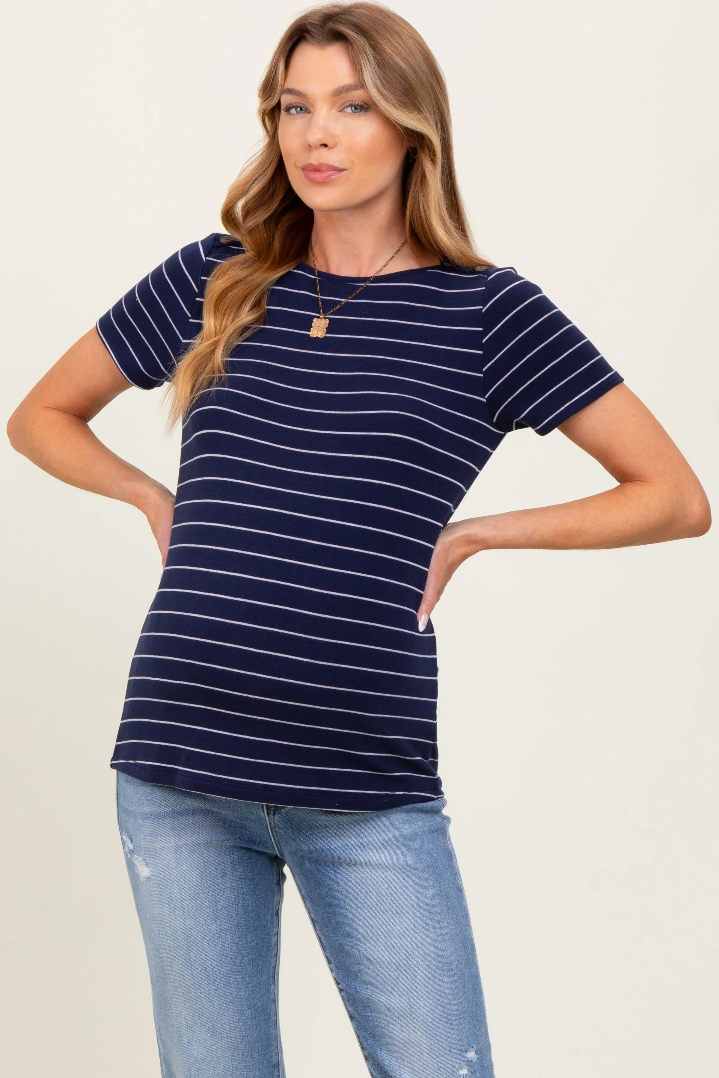 Navy Striped Button Shoulder Detail Maternity Top sold by Pinkblush
