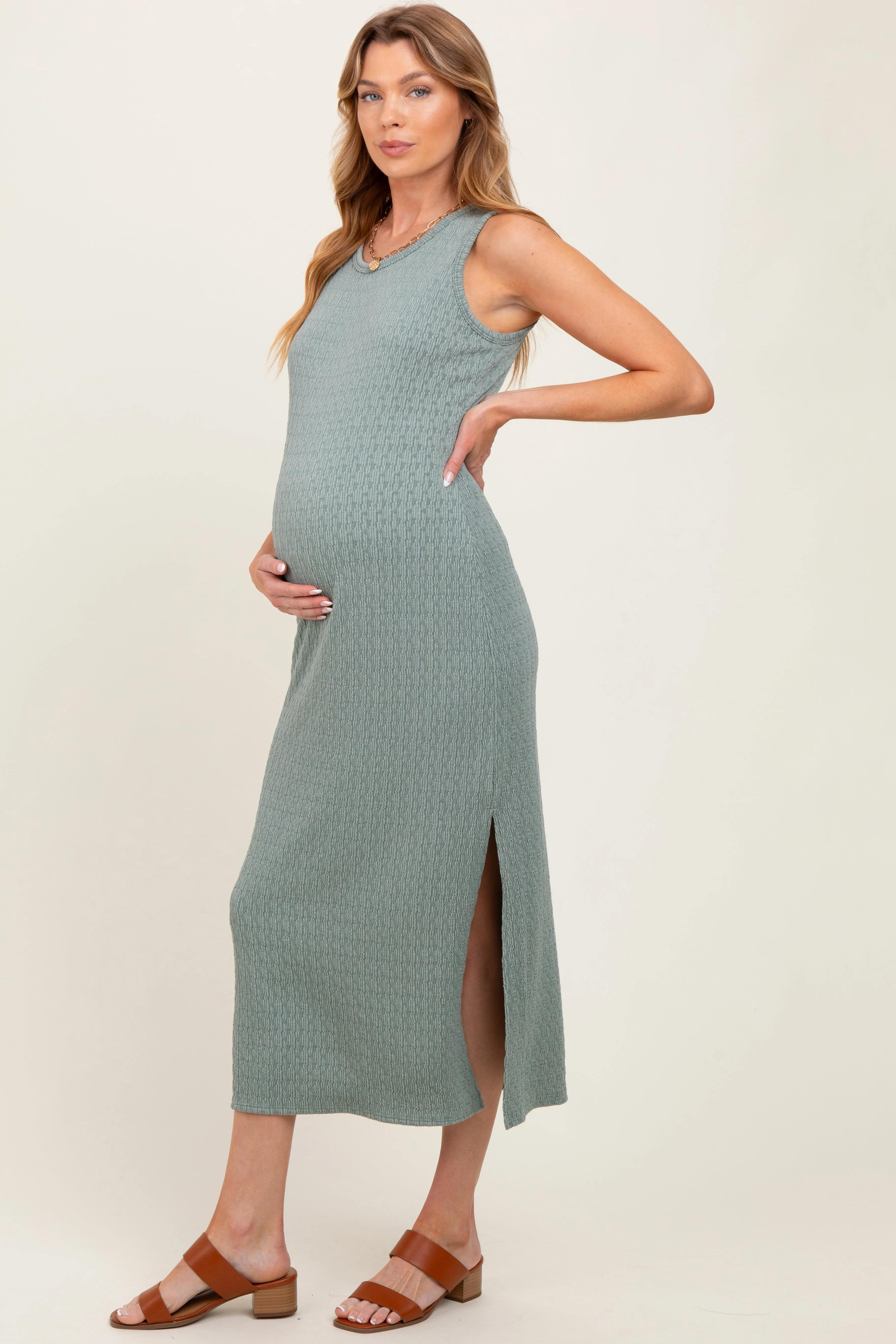 Green Jacquard Sleeveless Side Slit Maternity Midi Dress sold by Pinkblush product image thumbnail 3