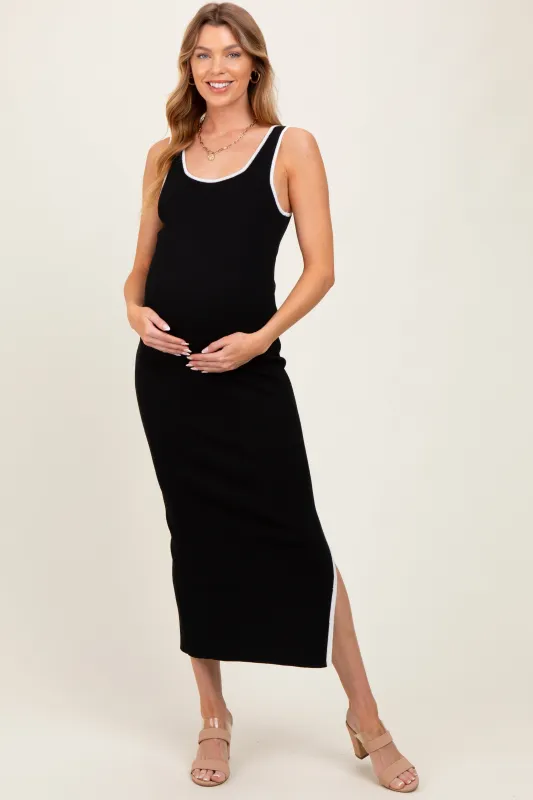 Black Colorblock Trim Knit Side Slit Maternity Midi Dress sold by Pinkblush