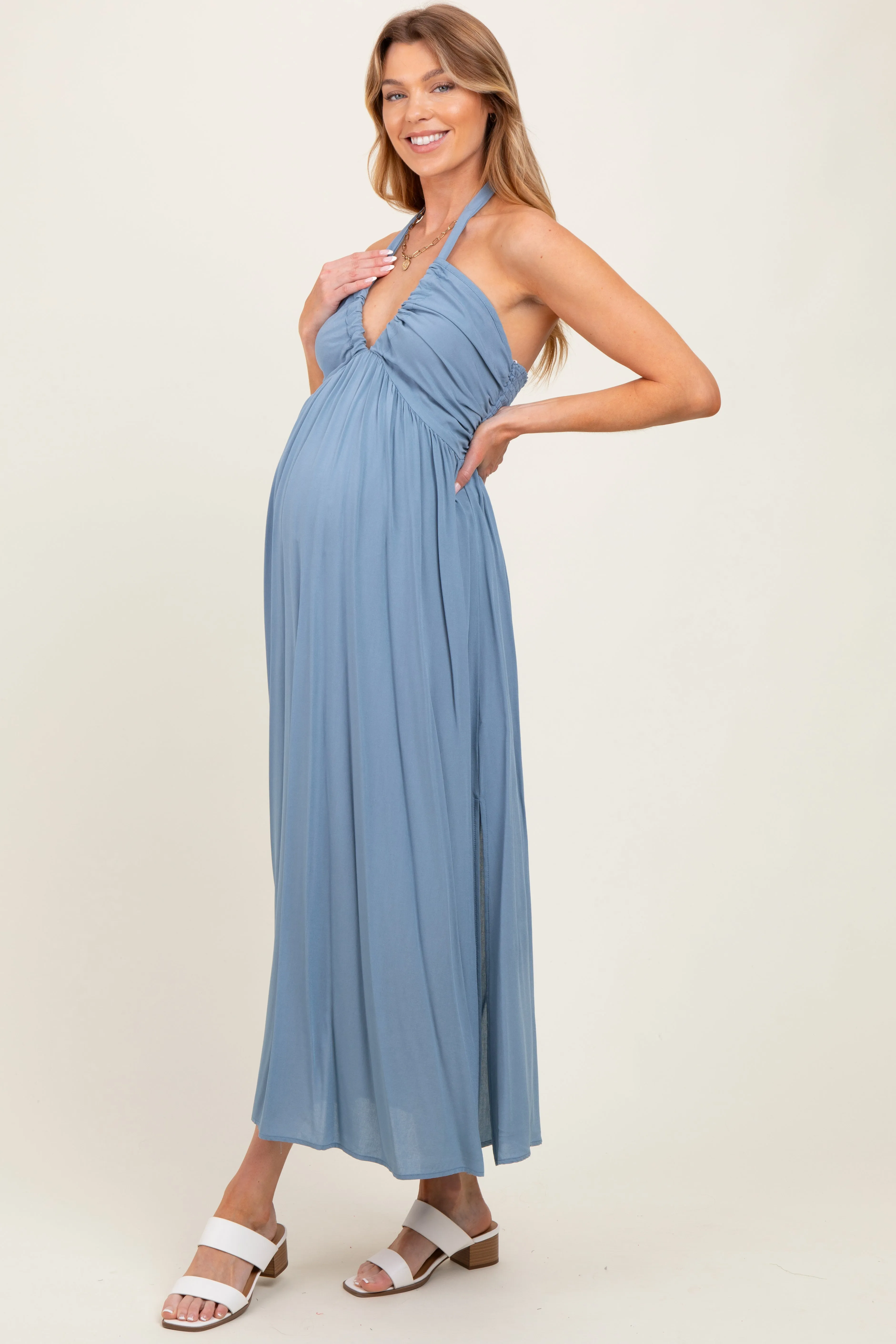 Blue Halter Neck Side Slit Maternity Midi Dress sold by Pinkblush product image thumbnail 3