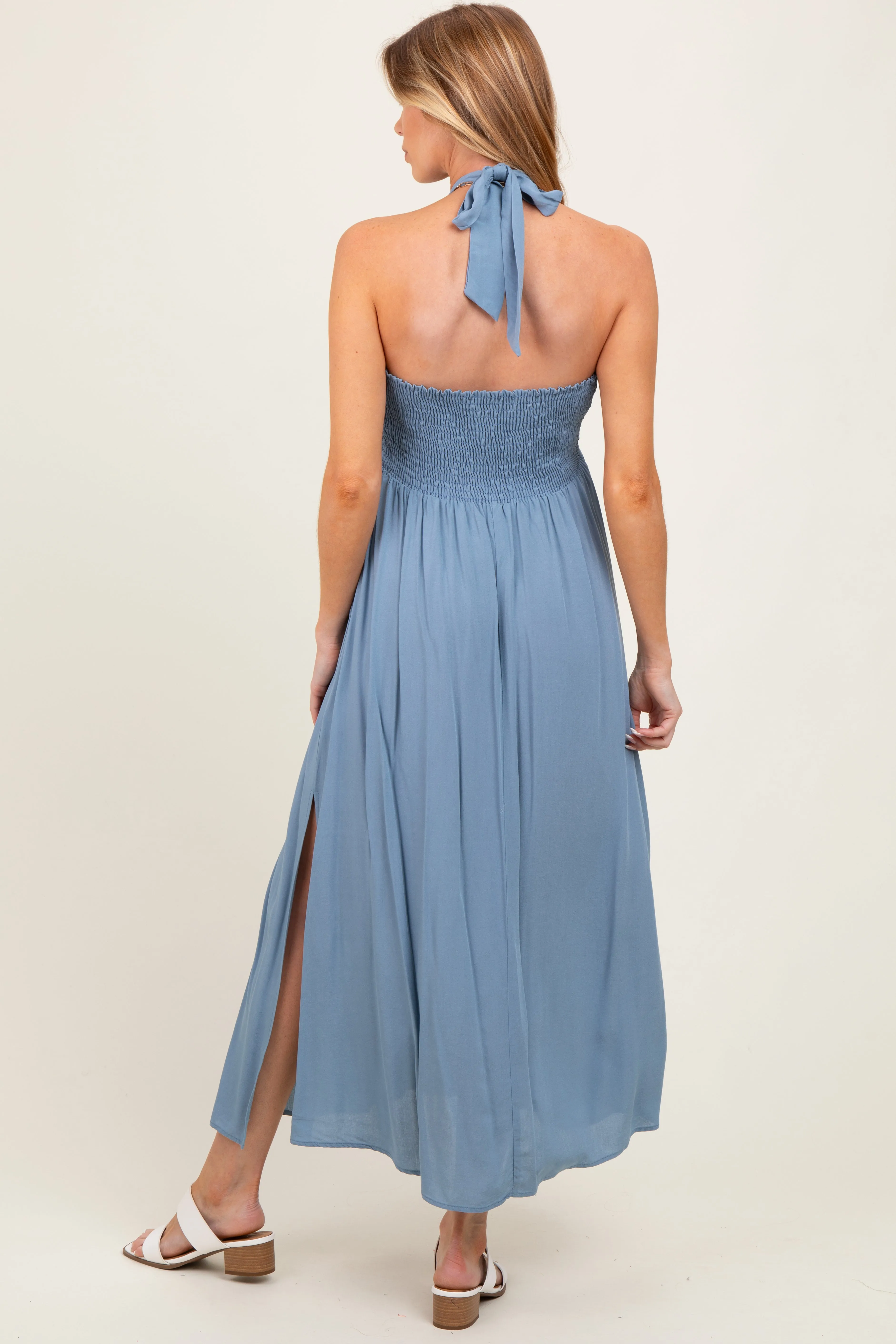 Blue Halter Neck Side Slit Maternity Midi Dress sold by Pinkblush product image thumbnail 4