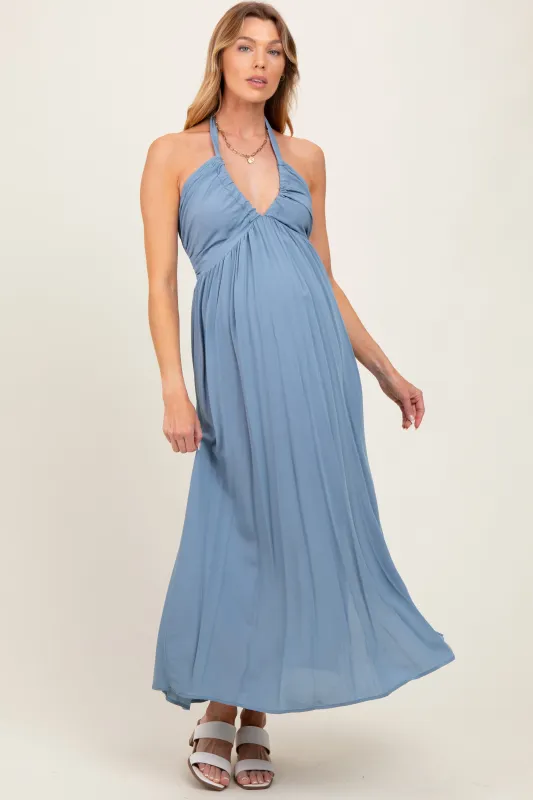 Blue Halter Neck Side Slit Maternity Midi Dress sold by Pinkblush