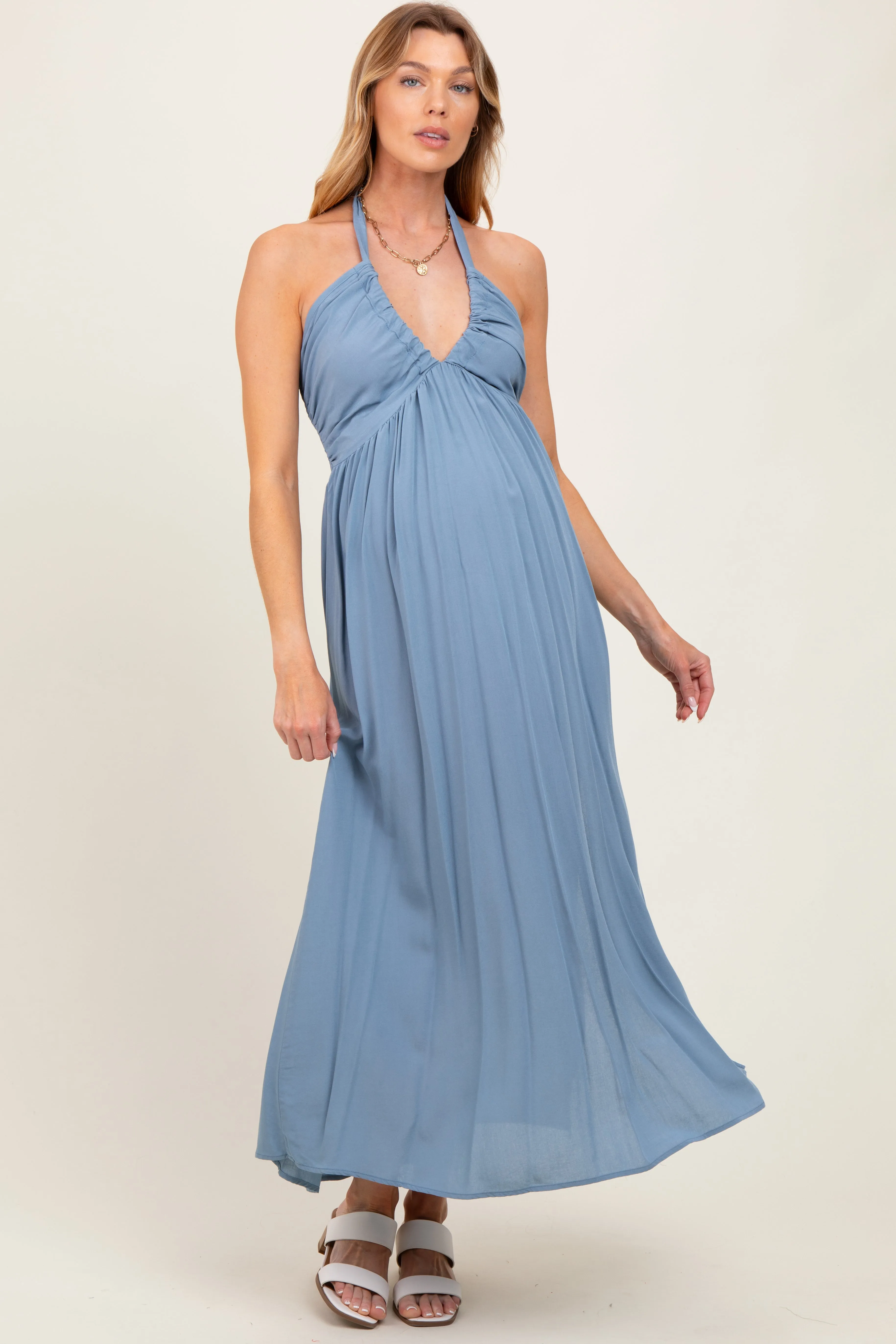 Blue Halter Neck Side Slit Maternity Midi Dress sold by Pinkblush