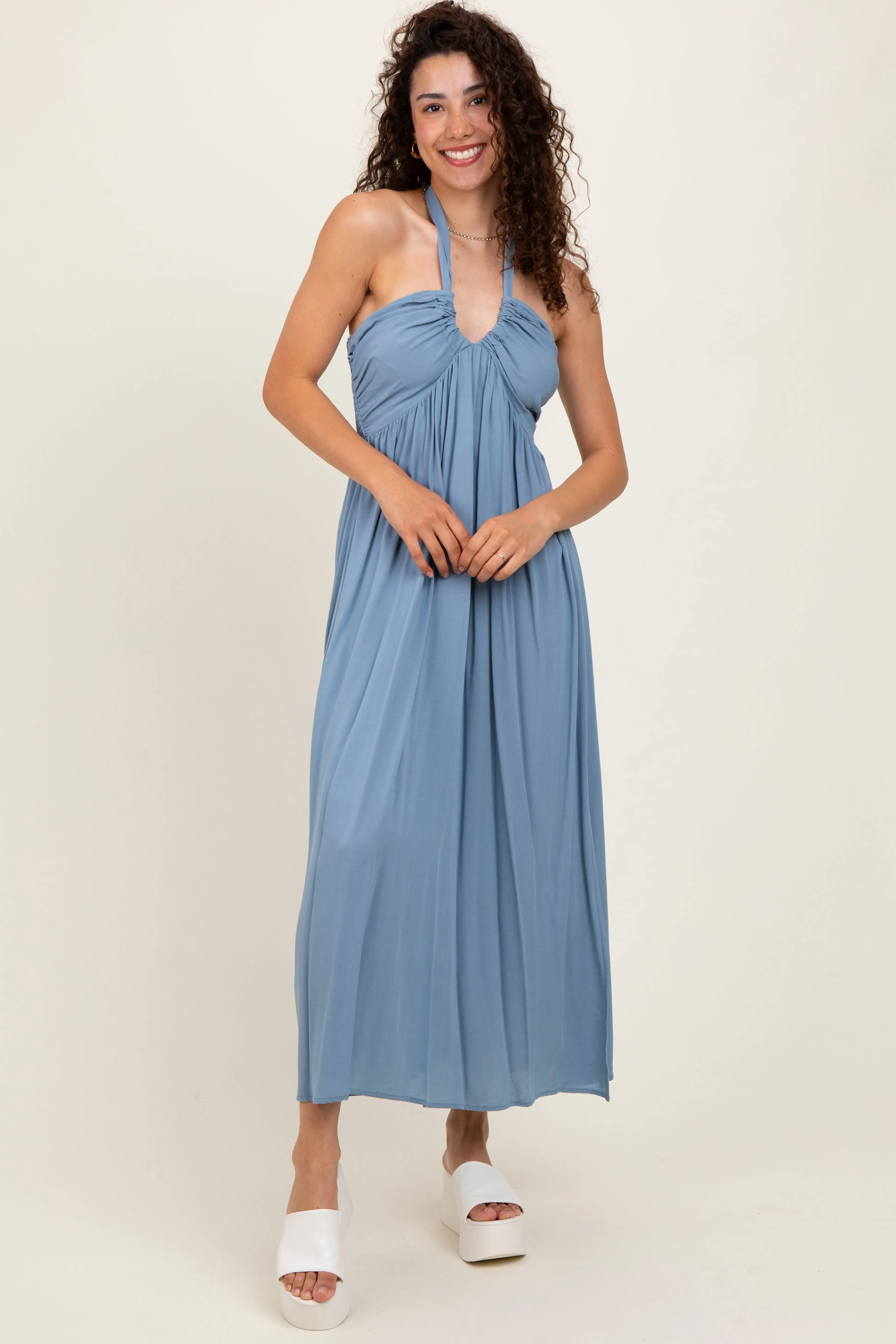Blue Halter Neck Side Slit Maternity Midi Dress sold by Pinkblush product image thumbnail 5