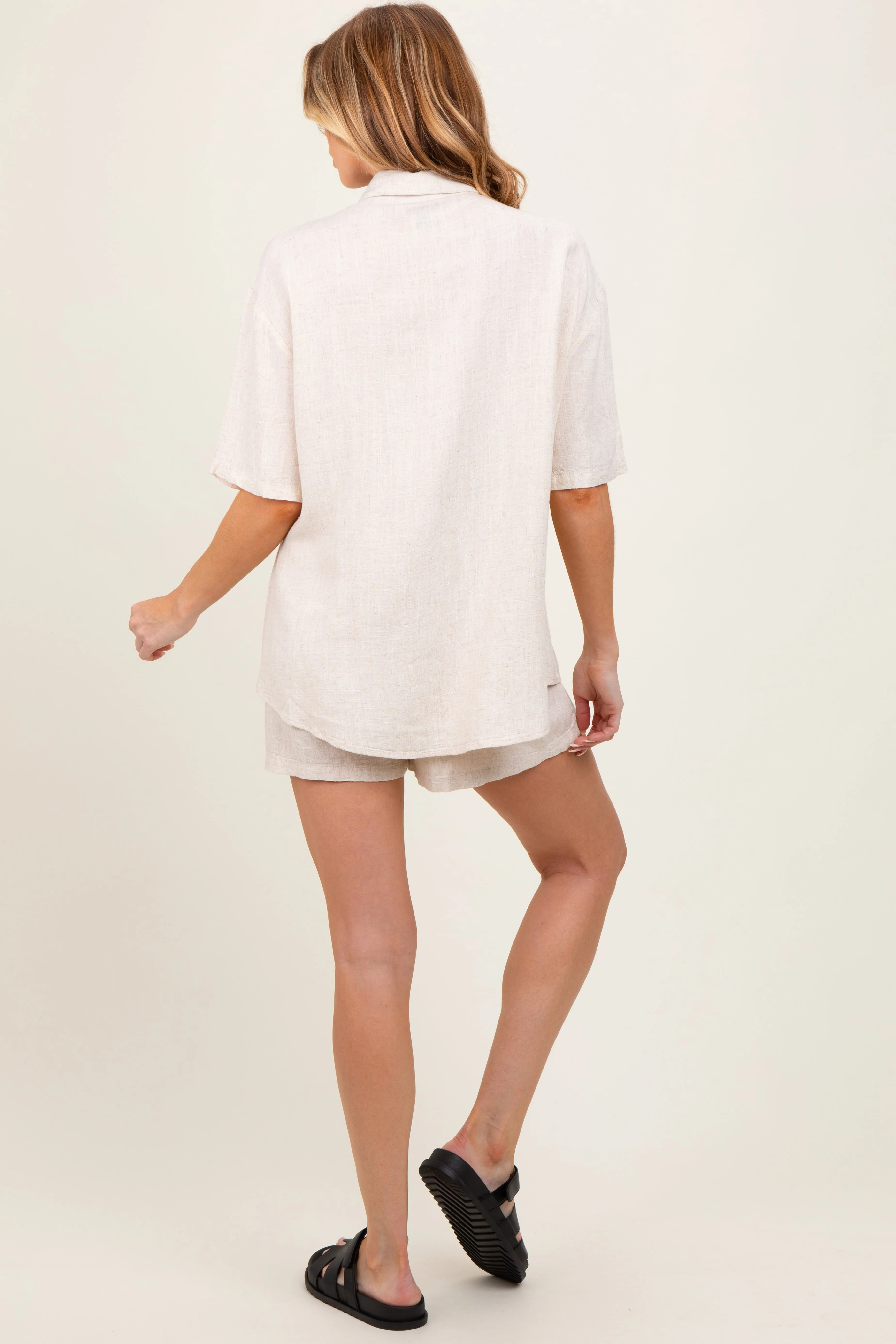 Beige Linen Blend Short Sleeve Shirt Shorts Maternity Set sold by Pinkblush product image thumbnail 4