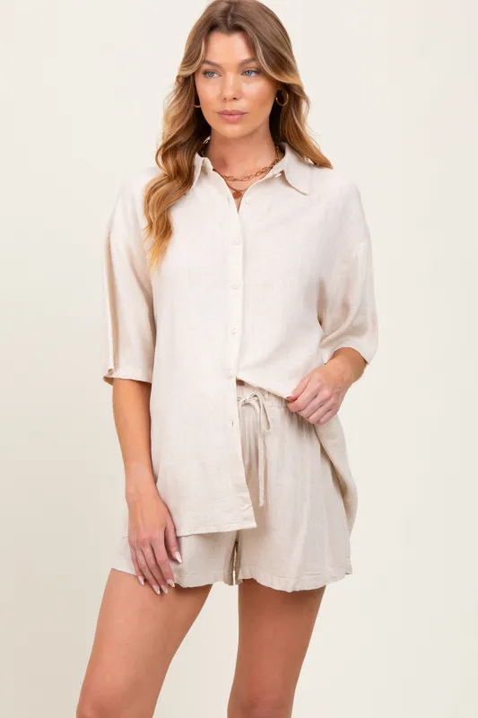 Beige Linen Blend Short Sleeve Shirt Shorts Maternity Set sold by Pinkblush