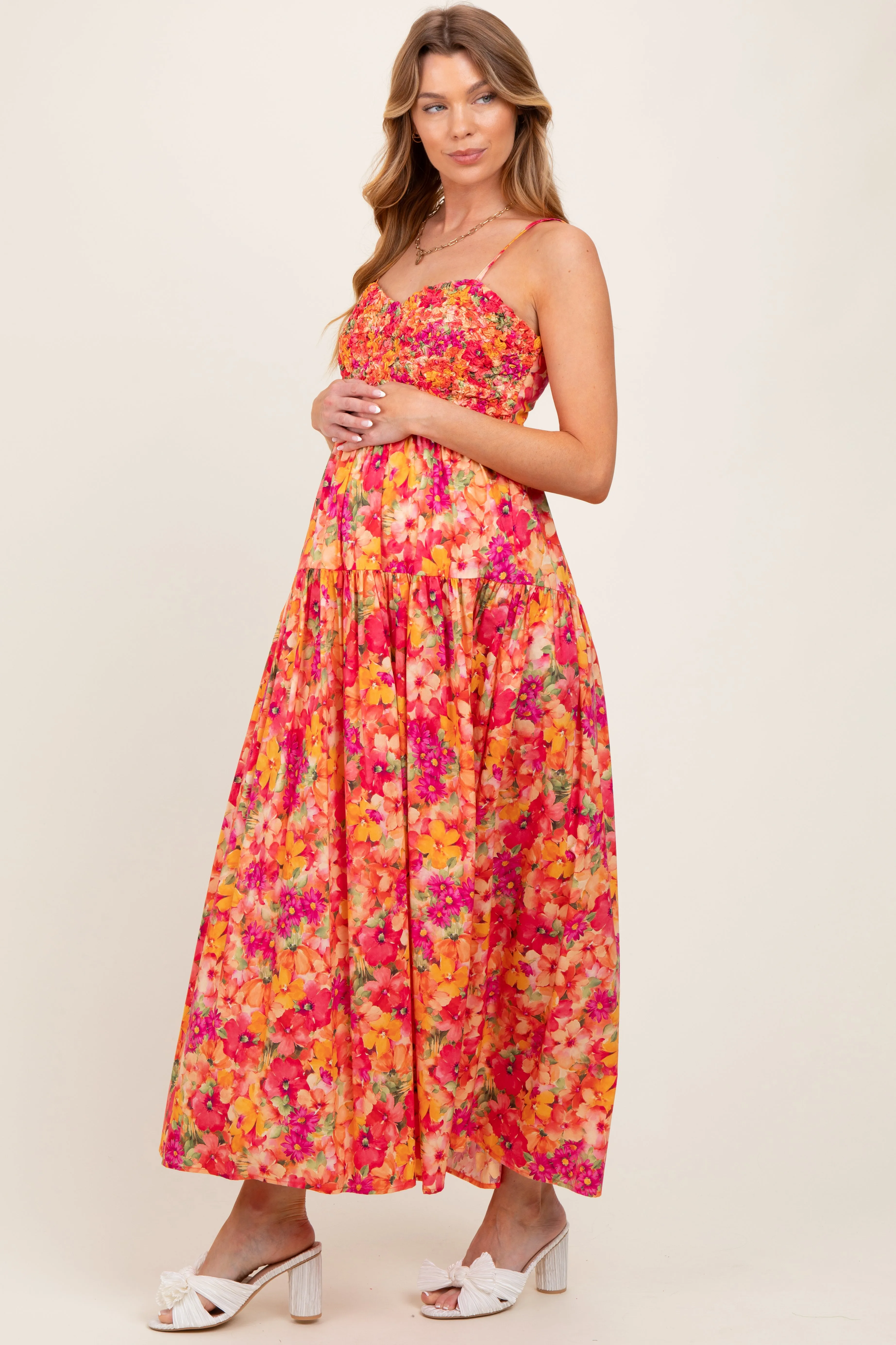 Coral Floral Textured Smocked Maternity Maxi Dress sold by Pinkblush product image thumbnail 2