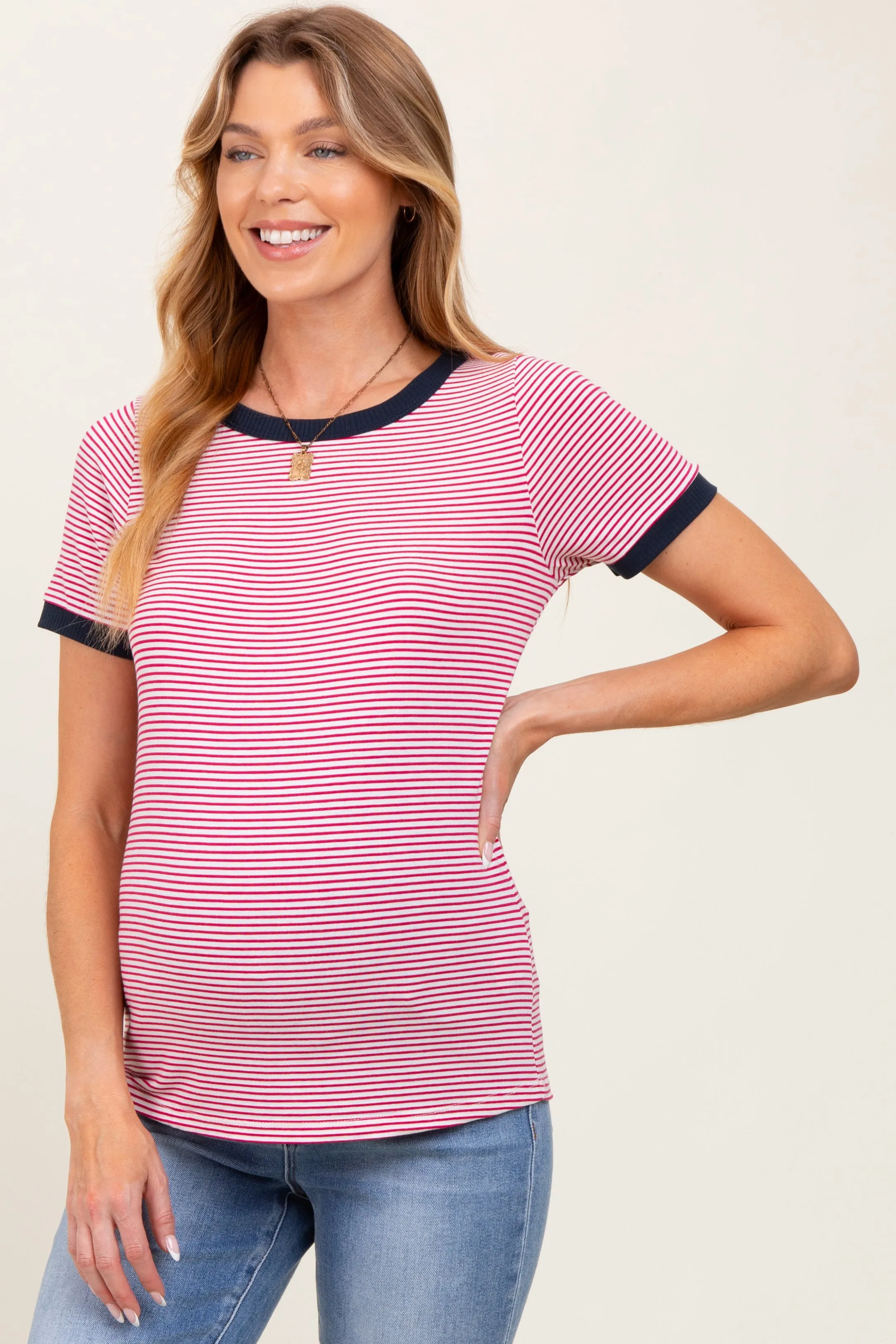 Navy Pinstripe Contrast Trim Maternity Tee sold by Pinkblush