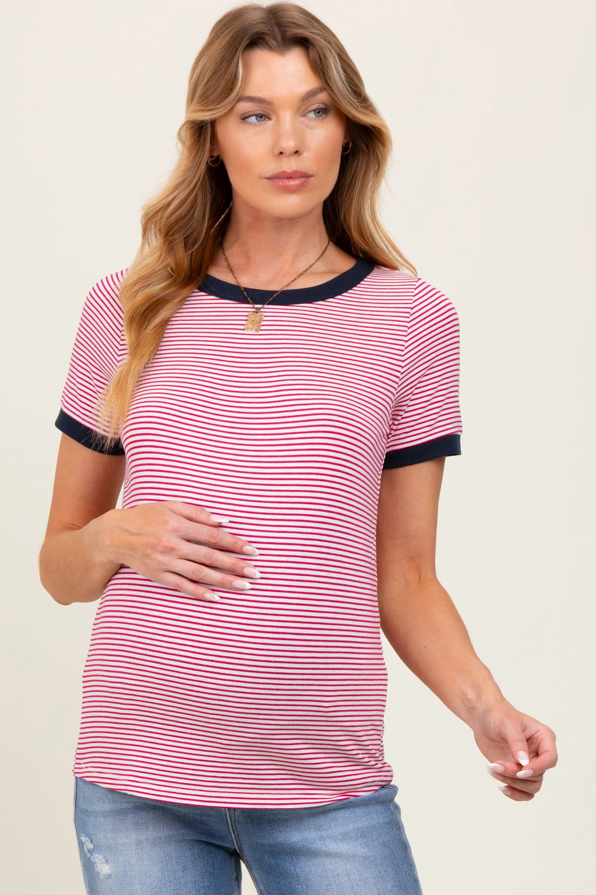 Navy Pinstripe Contrast Trim Maternity Tee sold by Pinkblush product image thumbnail 2