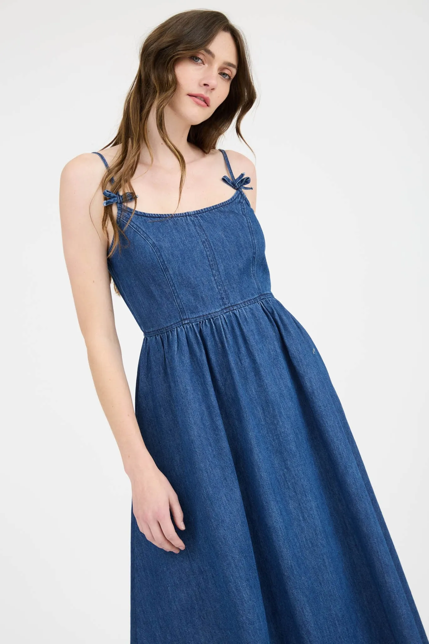 Navy Denim Sleeveless Bow Detail Midi Dress sold by Pinkblush product image thumbnail 4