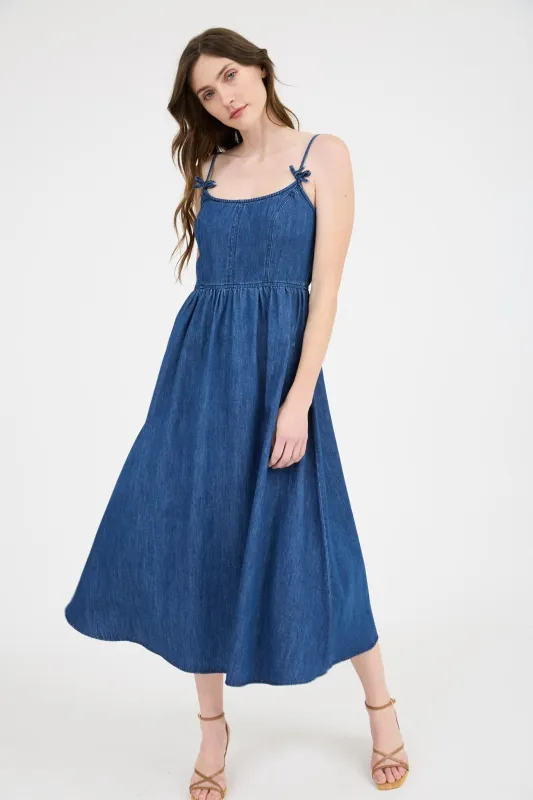 Navy Denim Sleeveless Bow Detail Midi Dress sold by Pinkblush