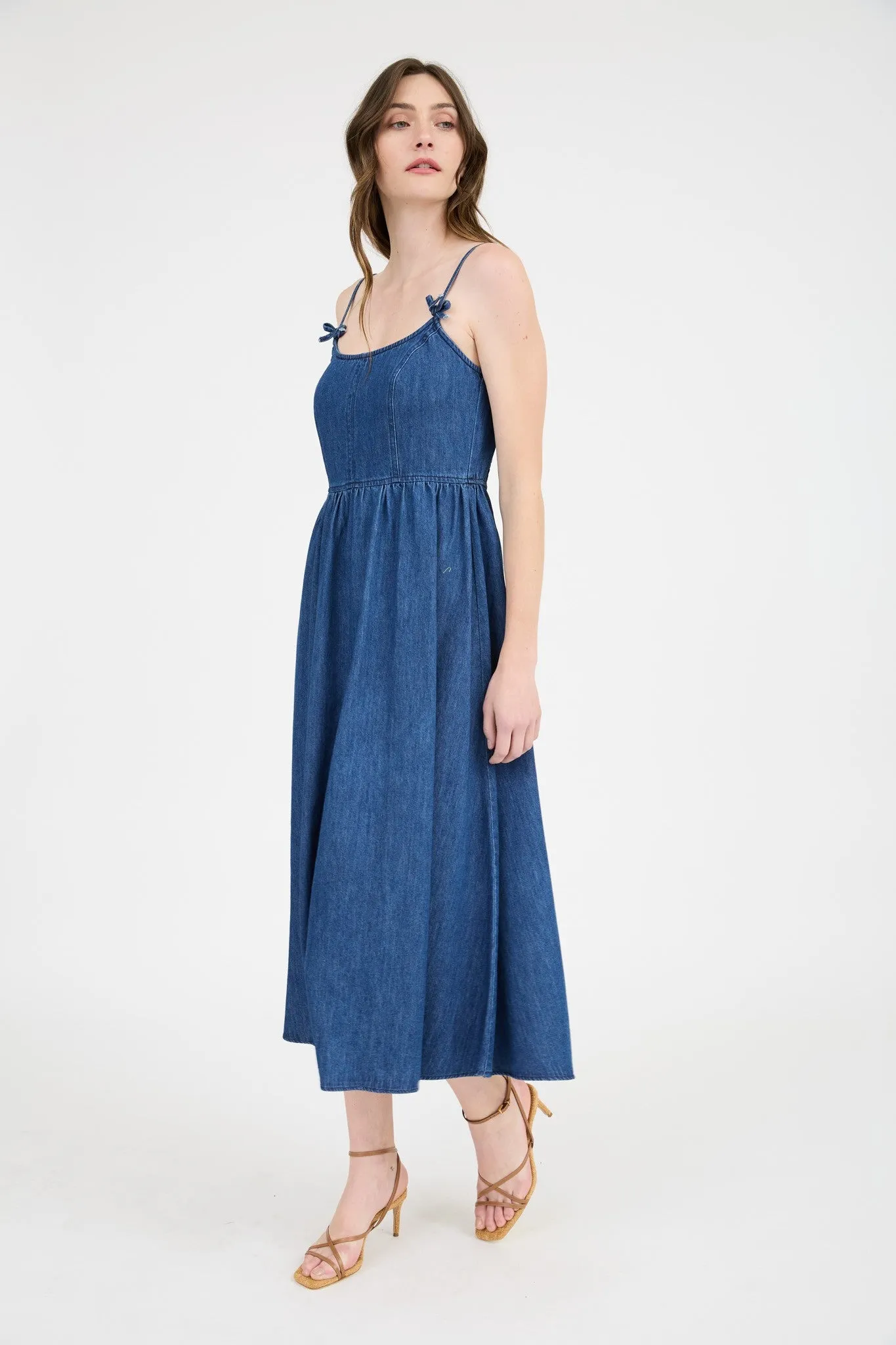 Navy Denim Sleeveless Bow Detail Midi Dress sold by Pinkblush product image thumbnail 2
