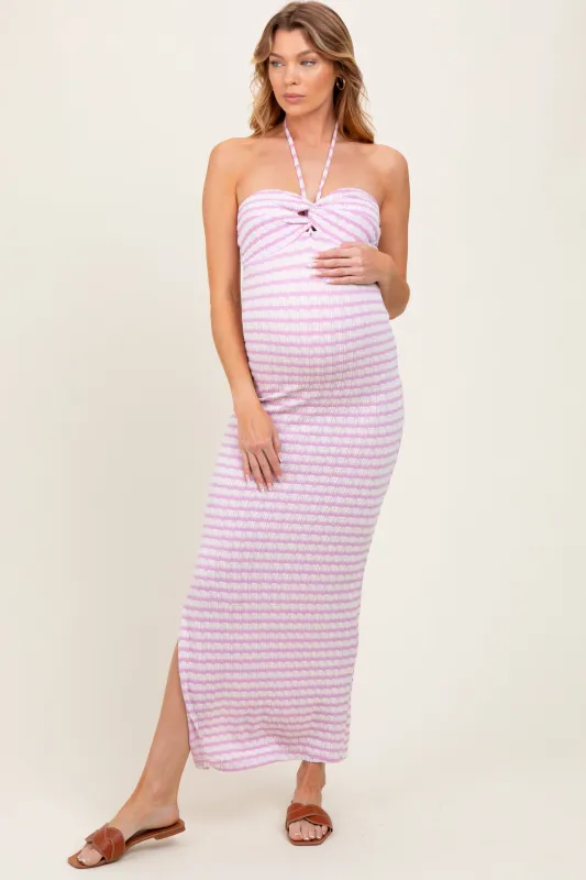 Lavender Striped Halter Neck Fitted Maternity Maxi Dress sold by Pinkblush