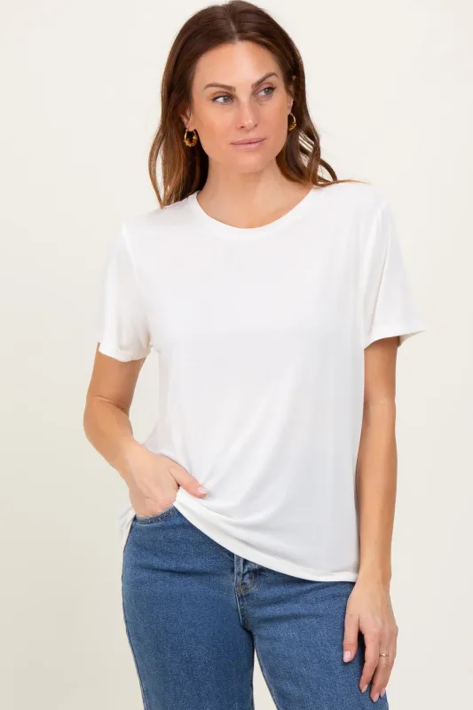 Cream Basic Round Neck Short Sleeve T-Shirt sold by Pinkblush