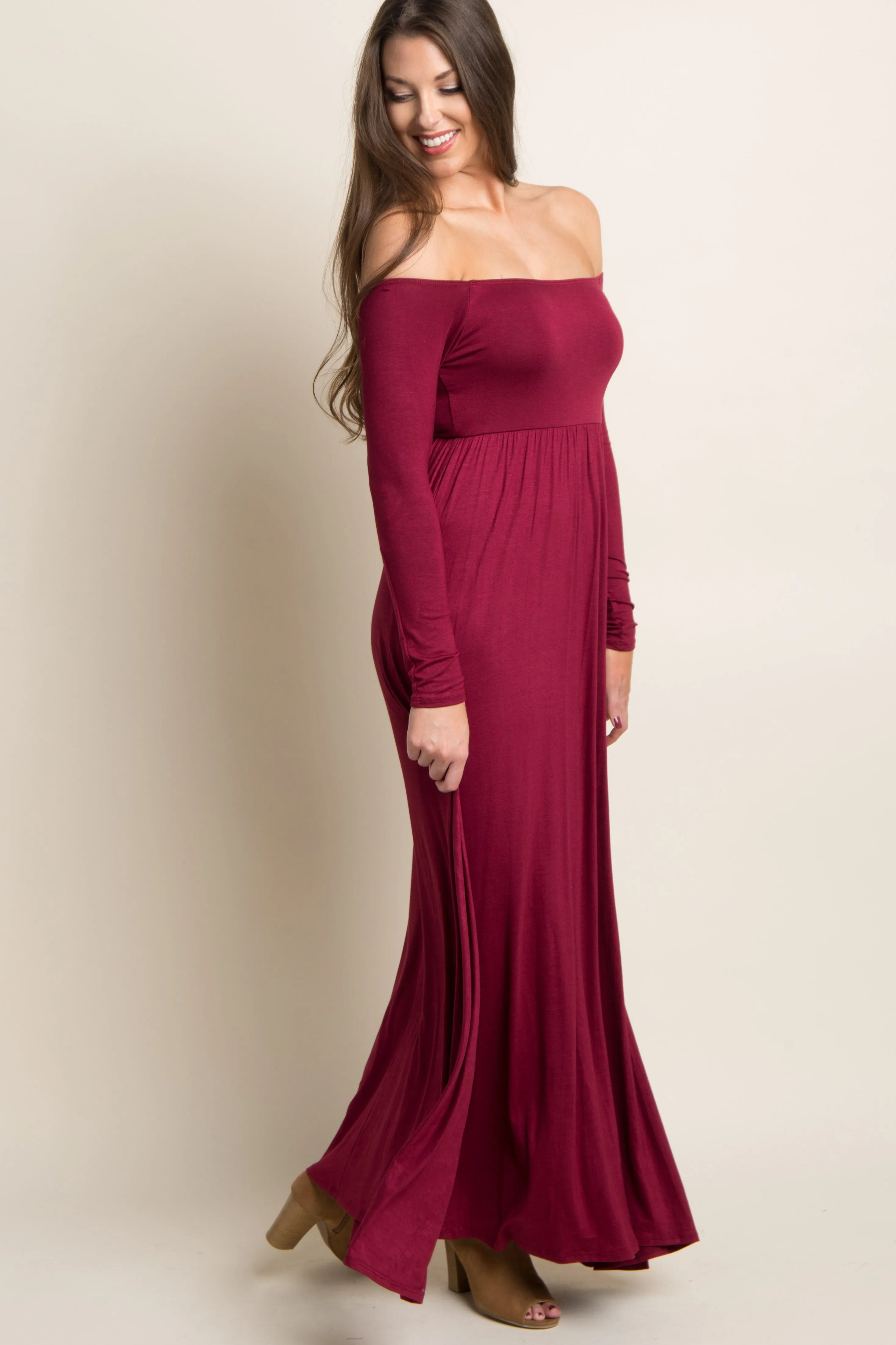 Dark Burgundy Solid Off Shoulder Maxi Dress sold by Pinkblush product image thumbnail 2