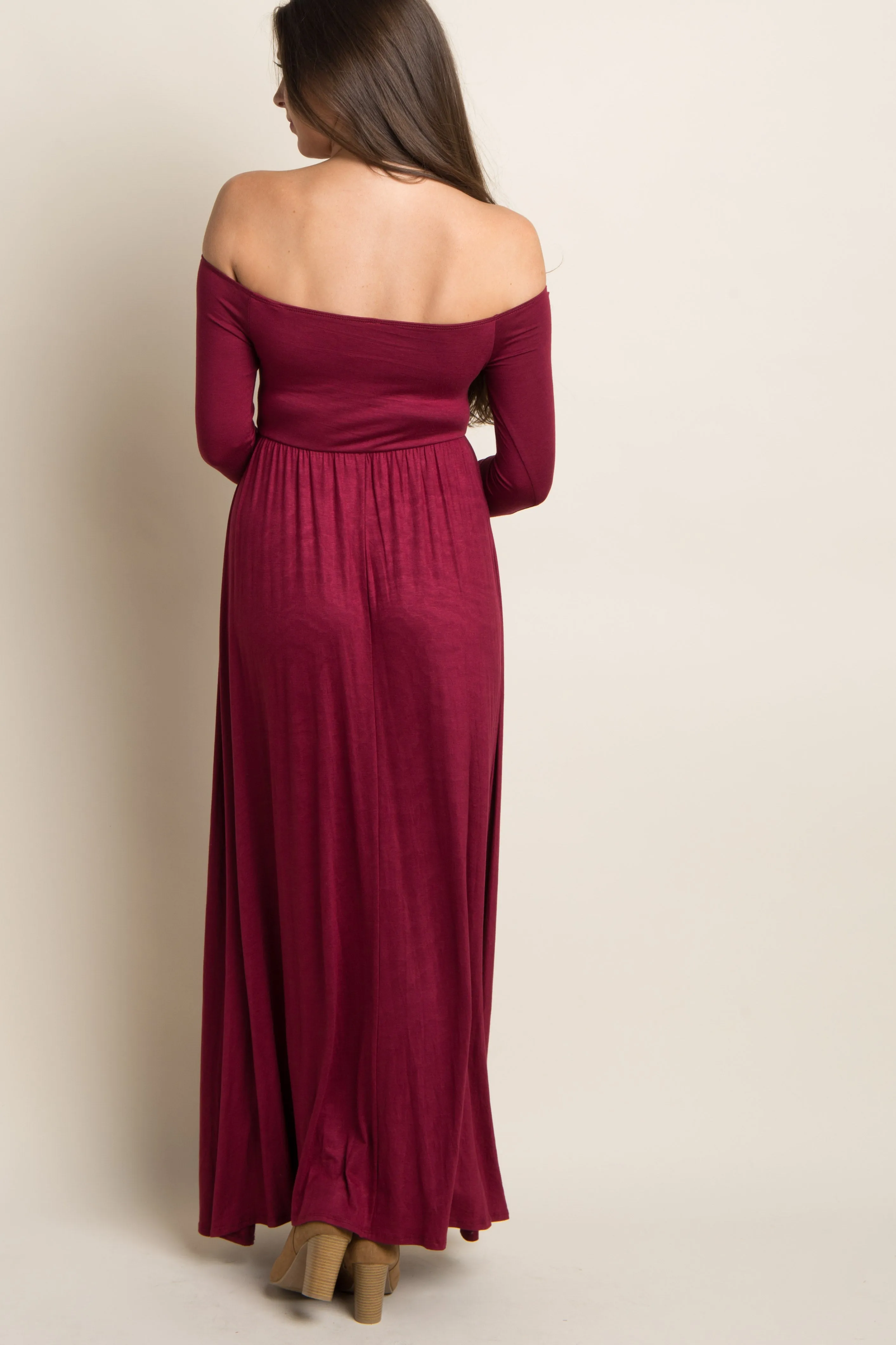 Dark Burgundy Solid Off Shoulder Maxi Dress sold by Pinkblush product image thumbnail 3