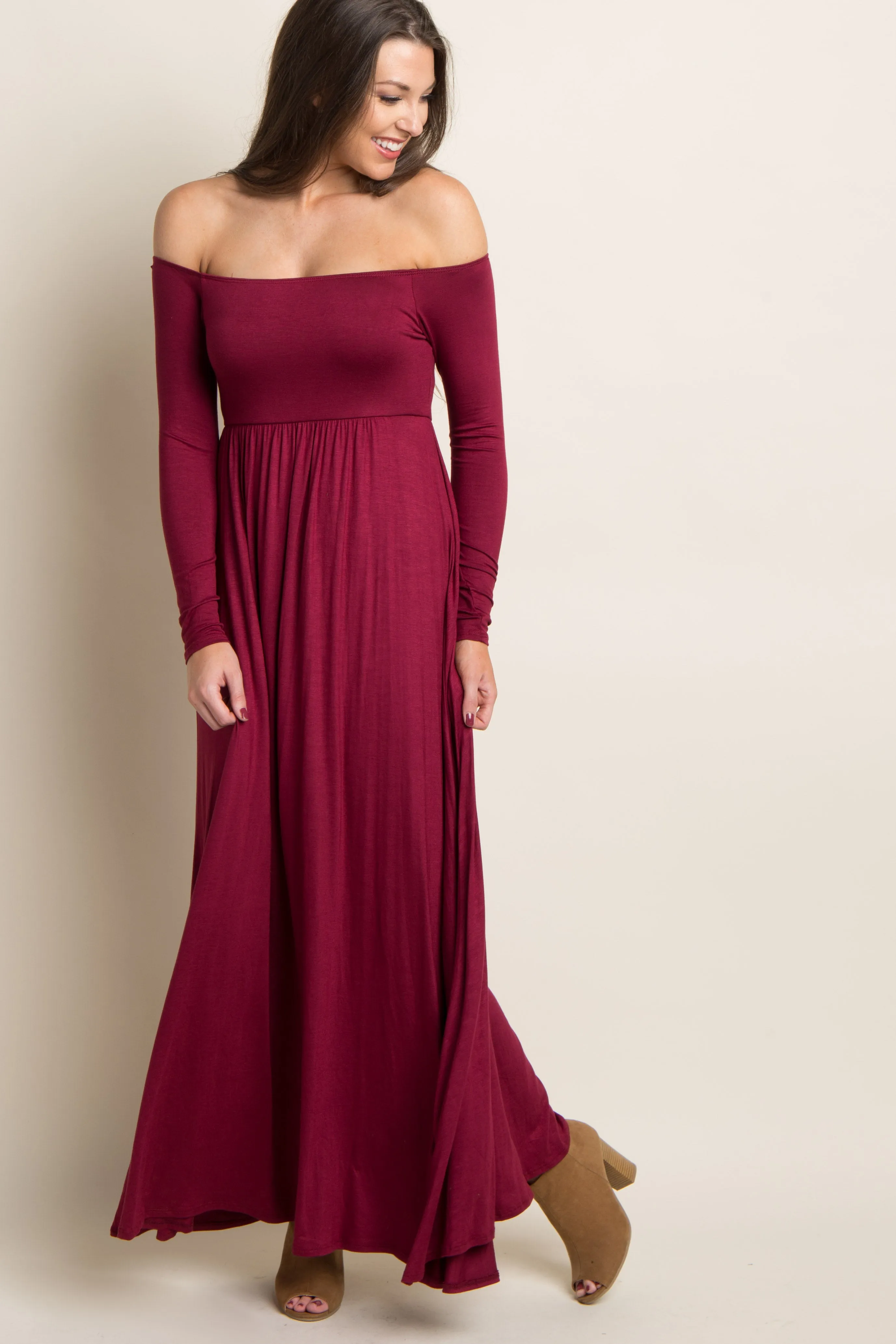 Dark Burgundy Solid Off Shoulder Maternity Maxi Dress sold by Pinkblush product image thumbnail 5