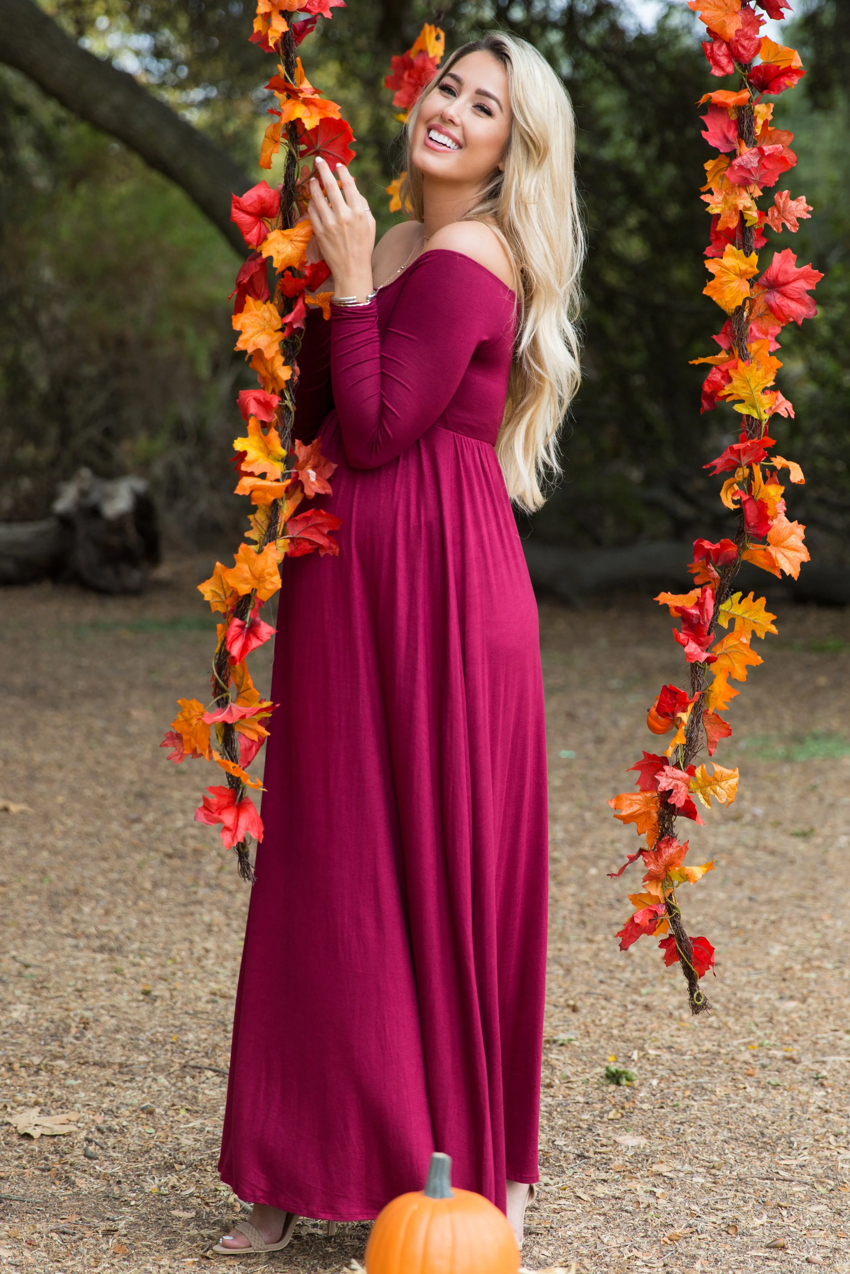 Dark Burgundy Solid Off Shoulder Maternity Maxi Dress sold by Pinkblush product image thumbnail 4