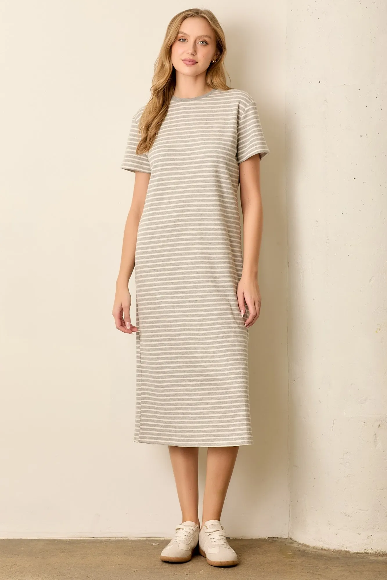 Heather Grey Striped Short Sleeve T-Shirt Midi Dress sold by Pinkblush