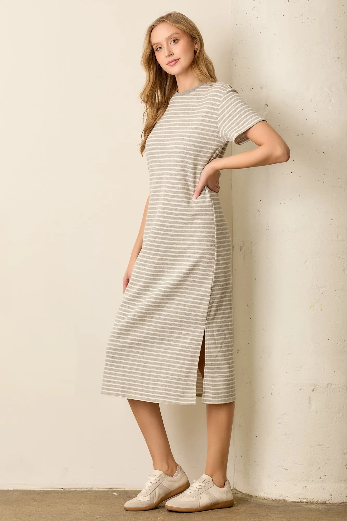 Heather Grey Striped Short Sleeve T-Shirt Midi Dress sold by Pinkblush product image thumbnail 2