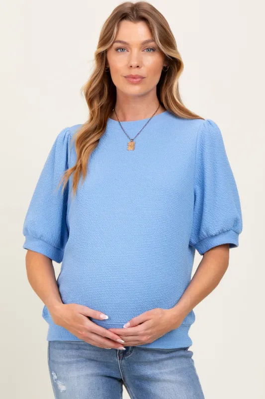 Blue Knit Maternity Puff Sleeve Top sold by Pinkblush