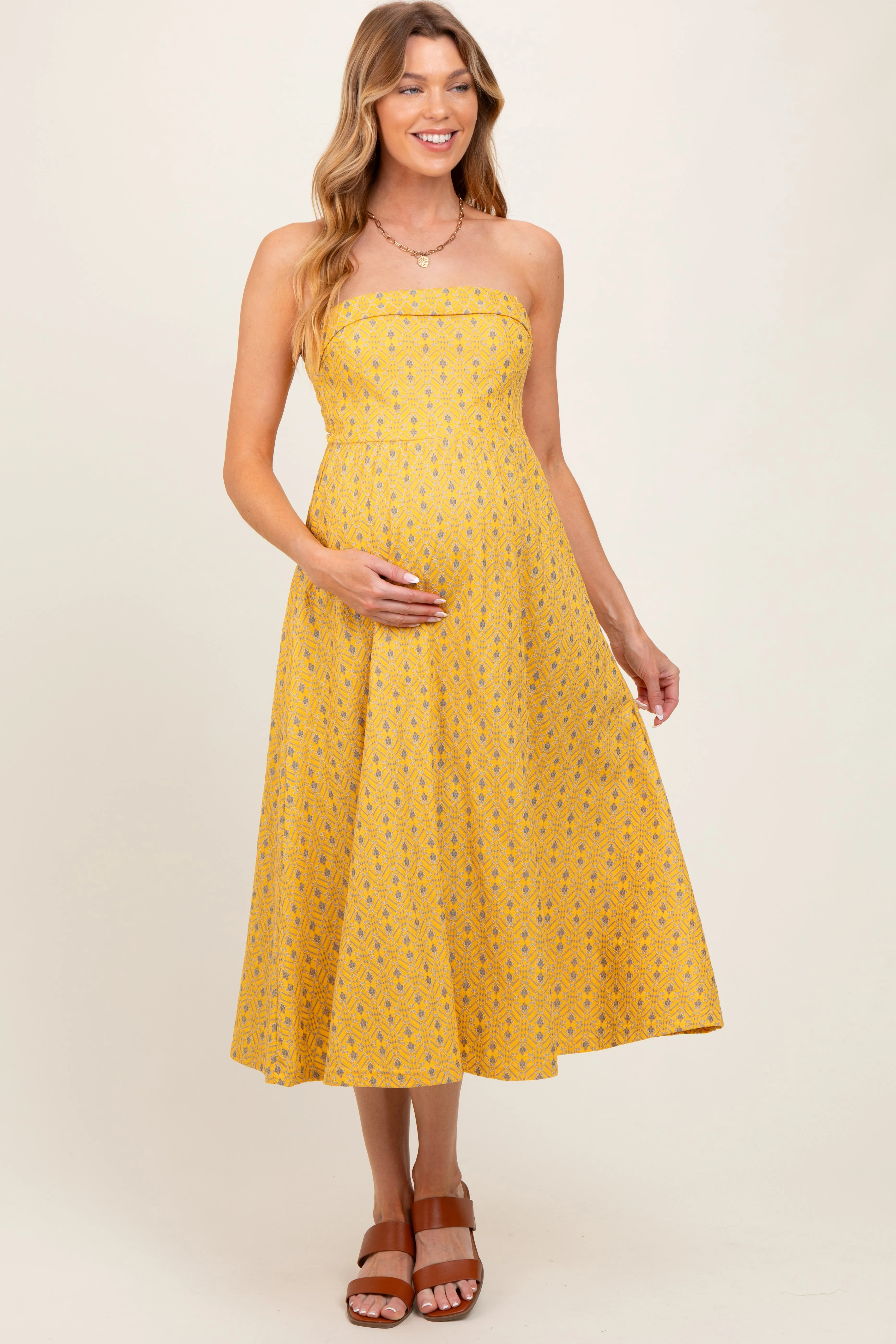 Yellow Lace Strapless Lace Up Back Maternity Midi Dress sold by Pinkblush product image thumbnail 2