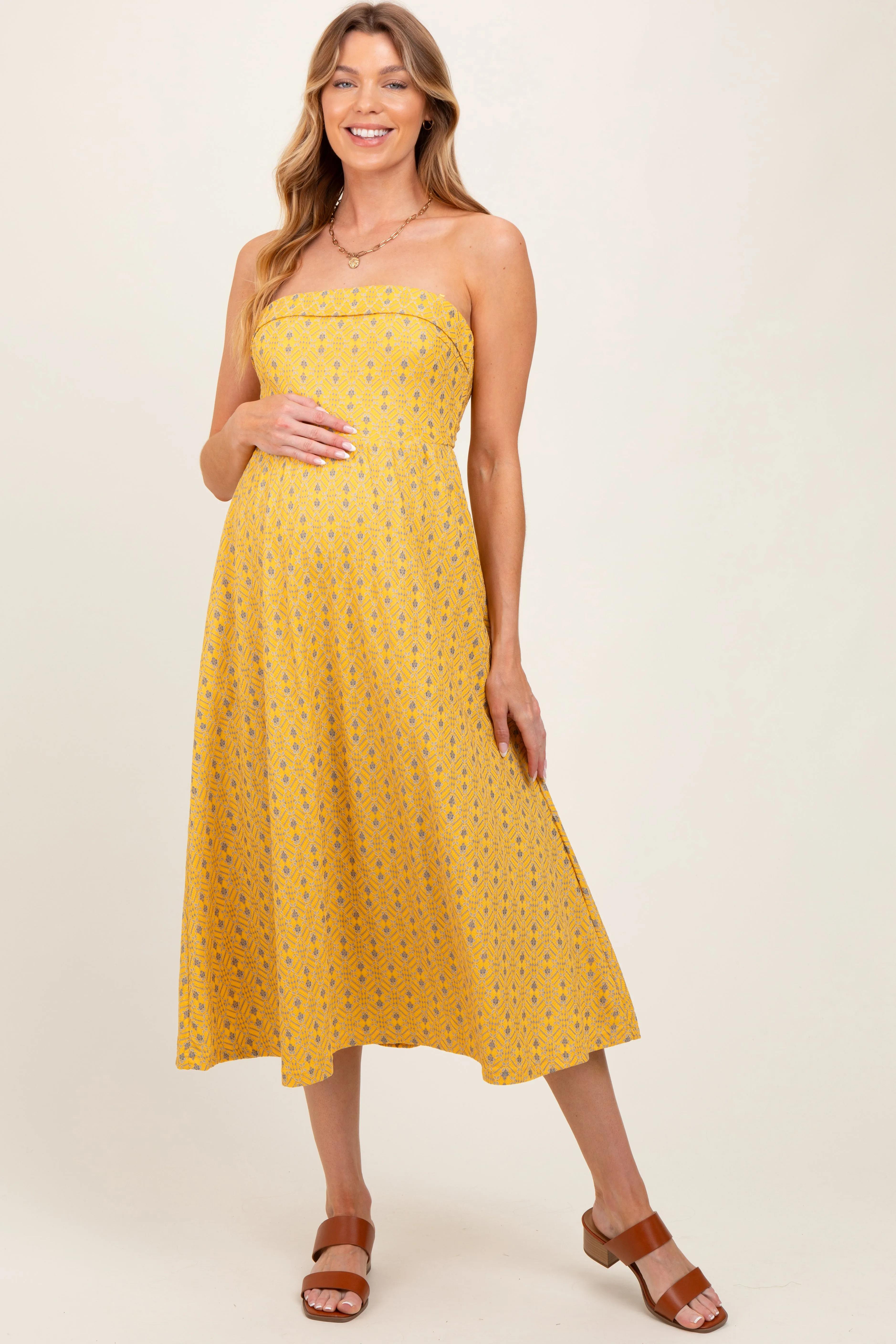 Yellow Lace Strapless Lace Up Back Maternity Midi Dress sold by Pinkblush