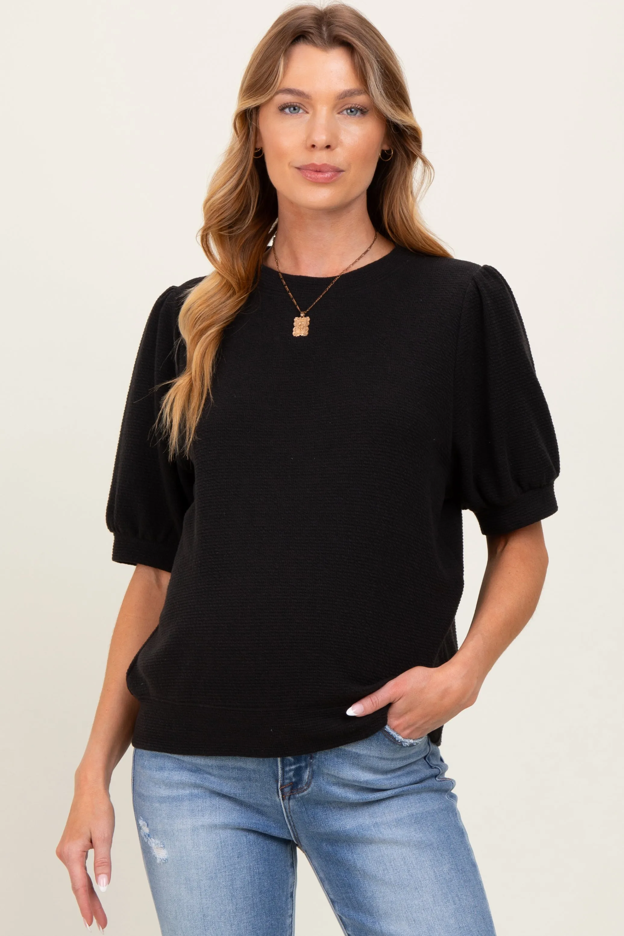 Black Knit Maternity Puff Sleeve Top sold by Pinkblush
