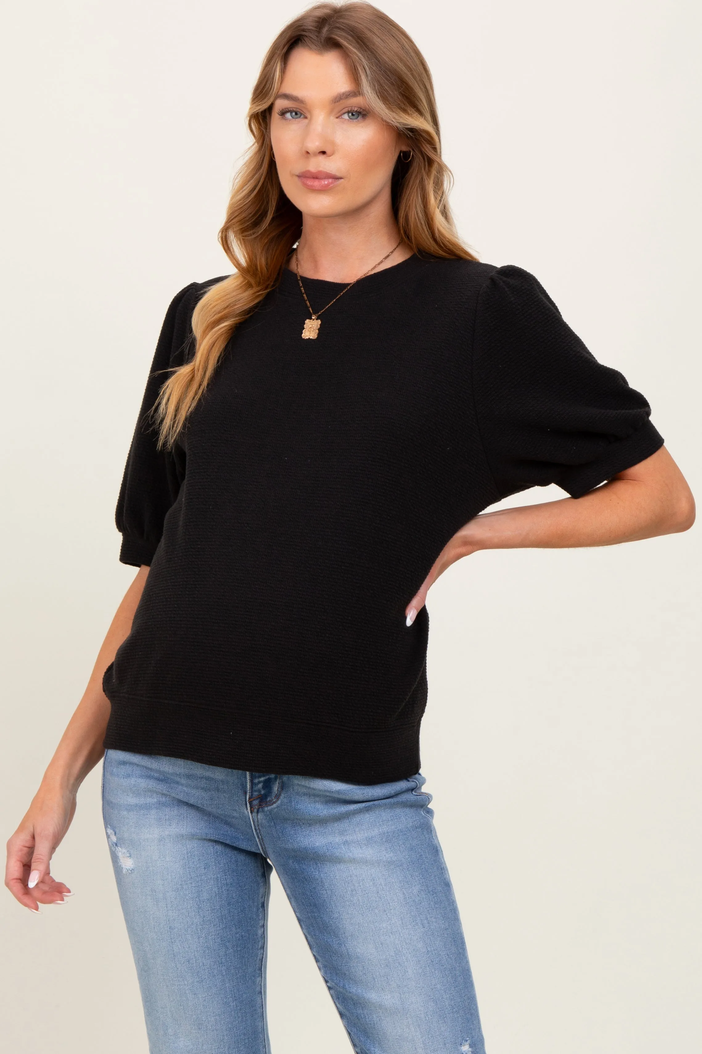 Black Knit Maternity Puff Sleeve Top sold by Pinkblush product image thumbnail 2