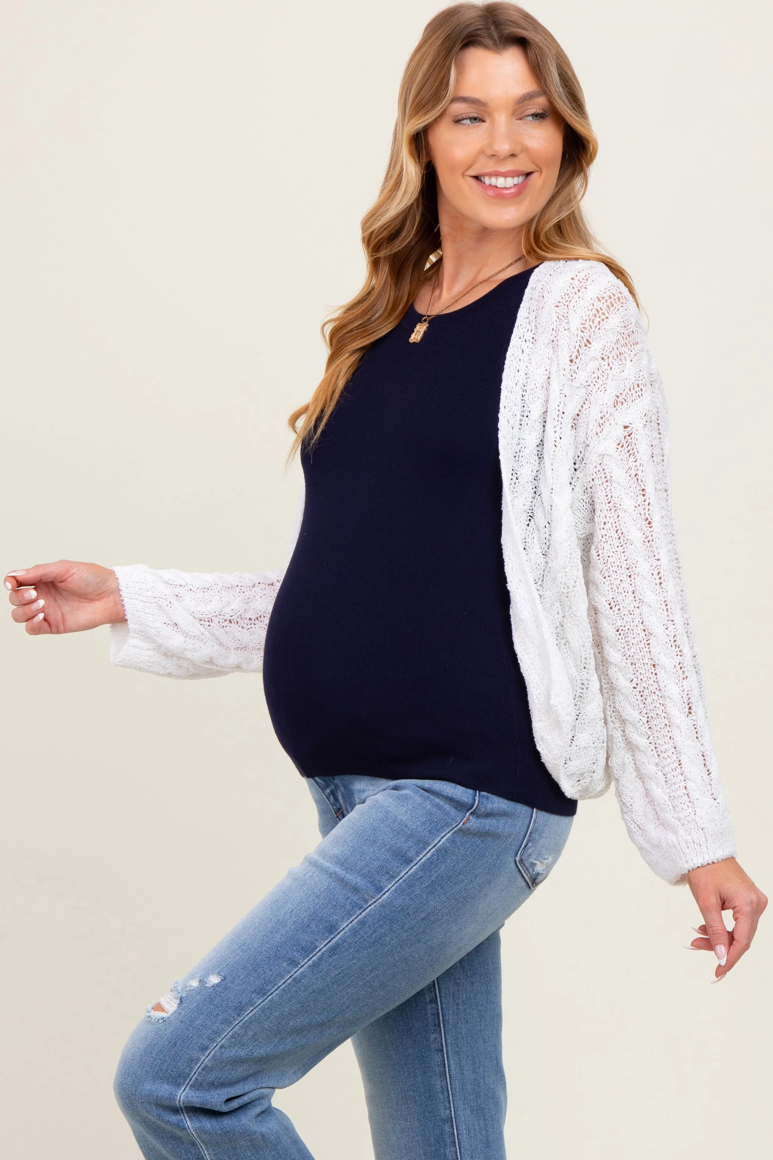 White Cable Knit Maternity Open Cardigan sold by Pinkblush
