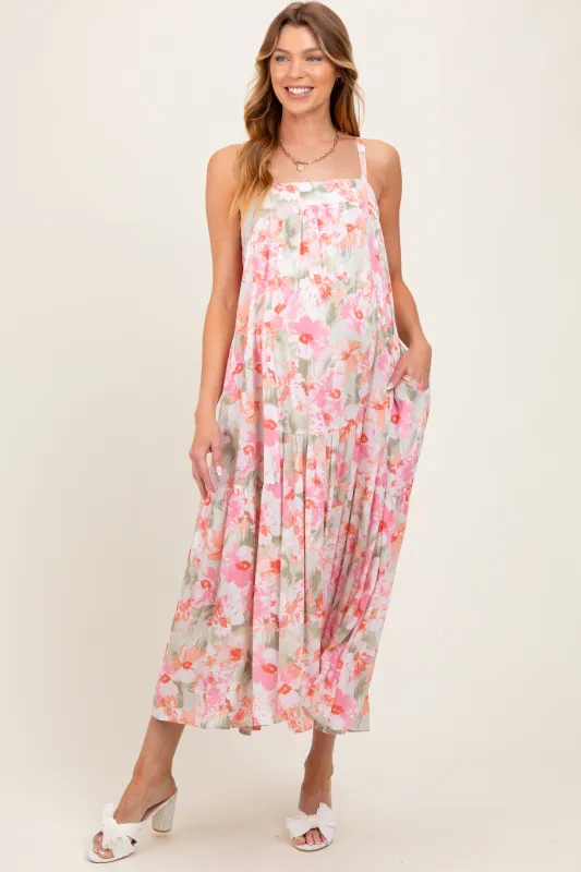 Olive/Fuchsia Tropical Floral Tiered Maternity Maxi Dress sold by Pinkblush