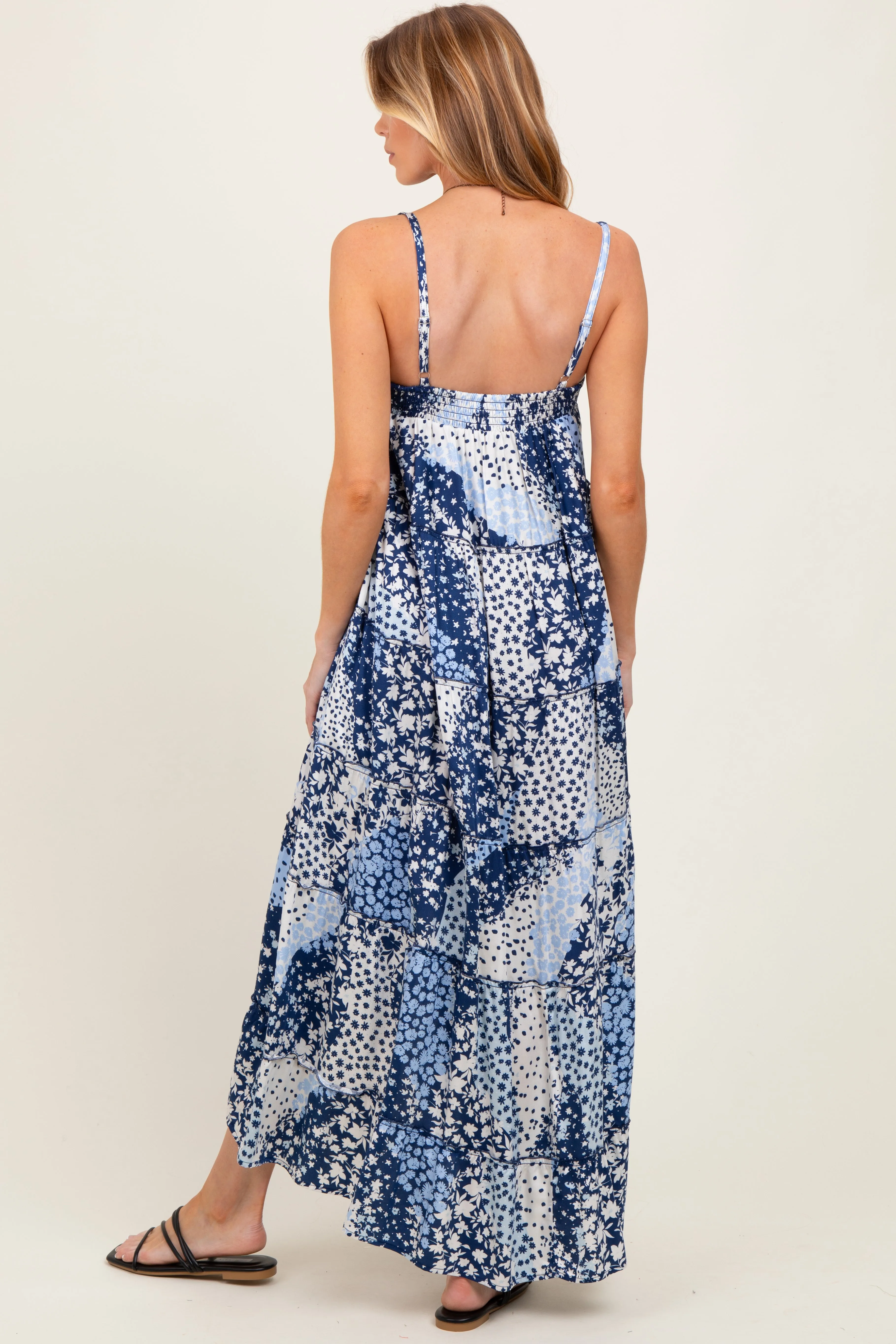 Navy Blue Floral Tiered Spaghetti Strap Maternity Maxi Dress sold by Pinkblush product image thumbnail 3