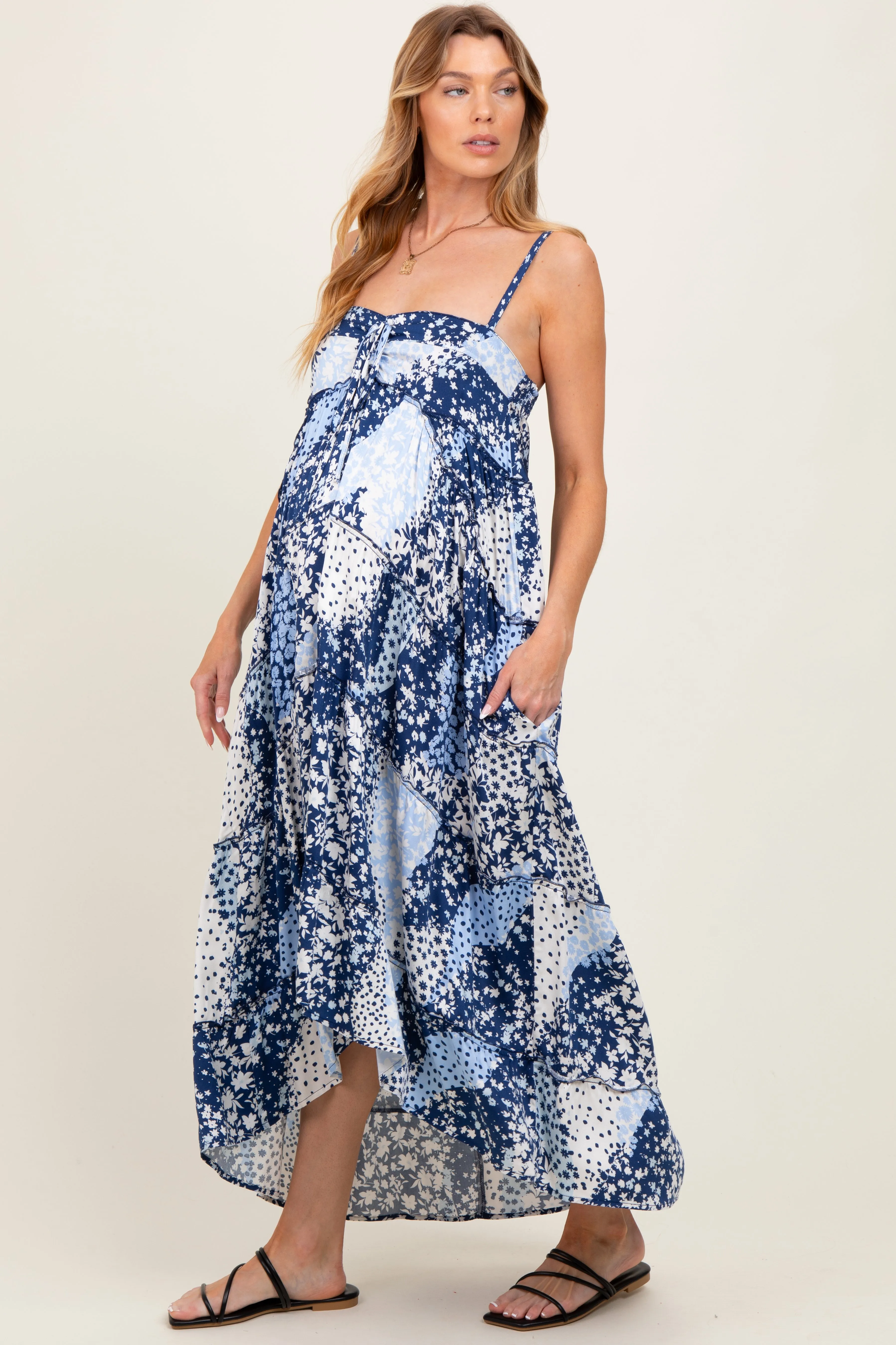Navy Blue Floral Tiered Spaghetti Strap Maternity Maxi Dress sold by Pinkblush