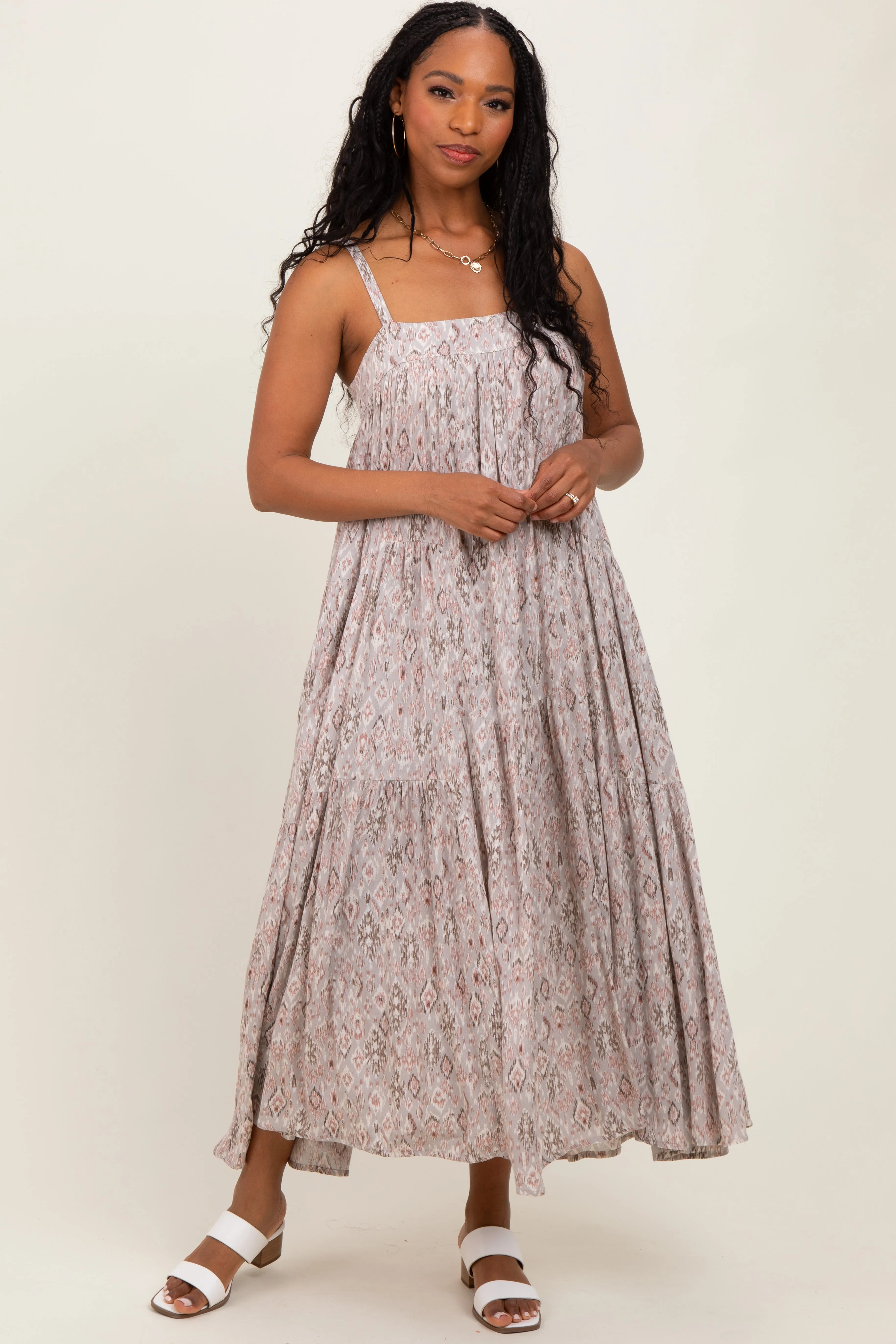 Grey Aztec Tiered Sleeveless Maternity Maxi Dress sold by Pinkblush product image thumbnail 4