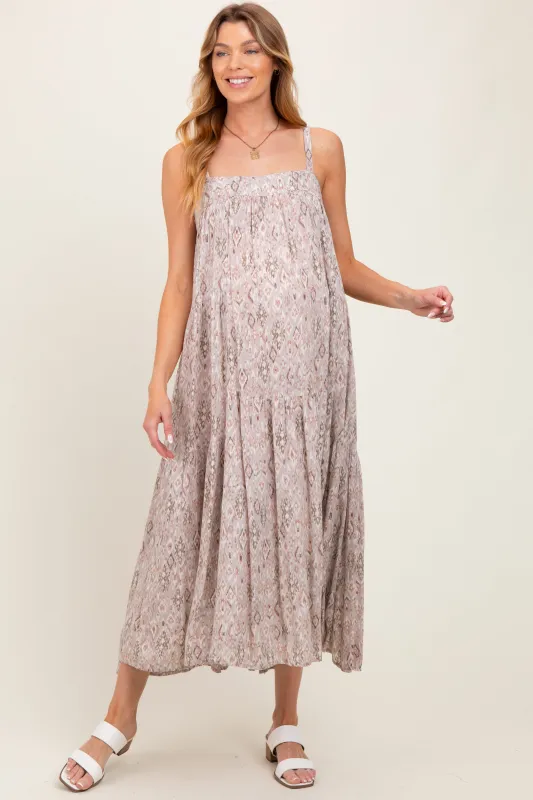 Grey Aztec Tiered Sleeveless Maternity Maxi Dress sold by Pinkblush