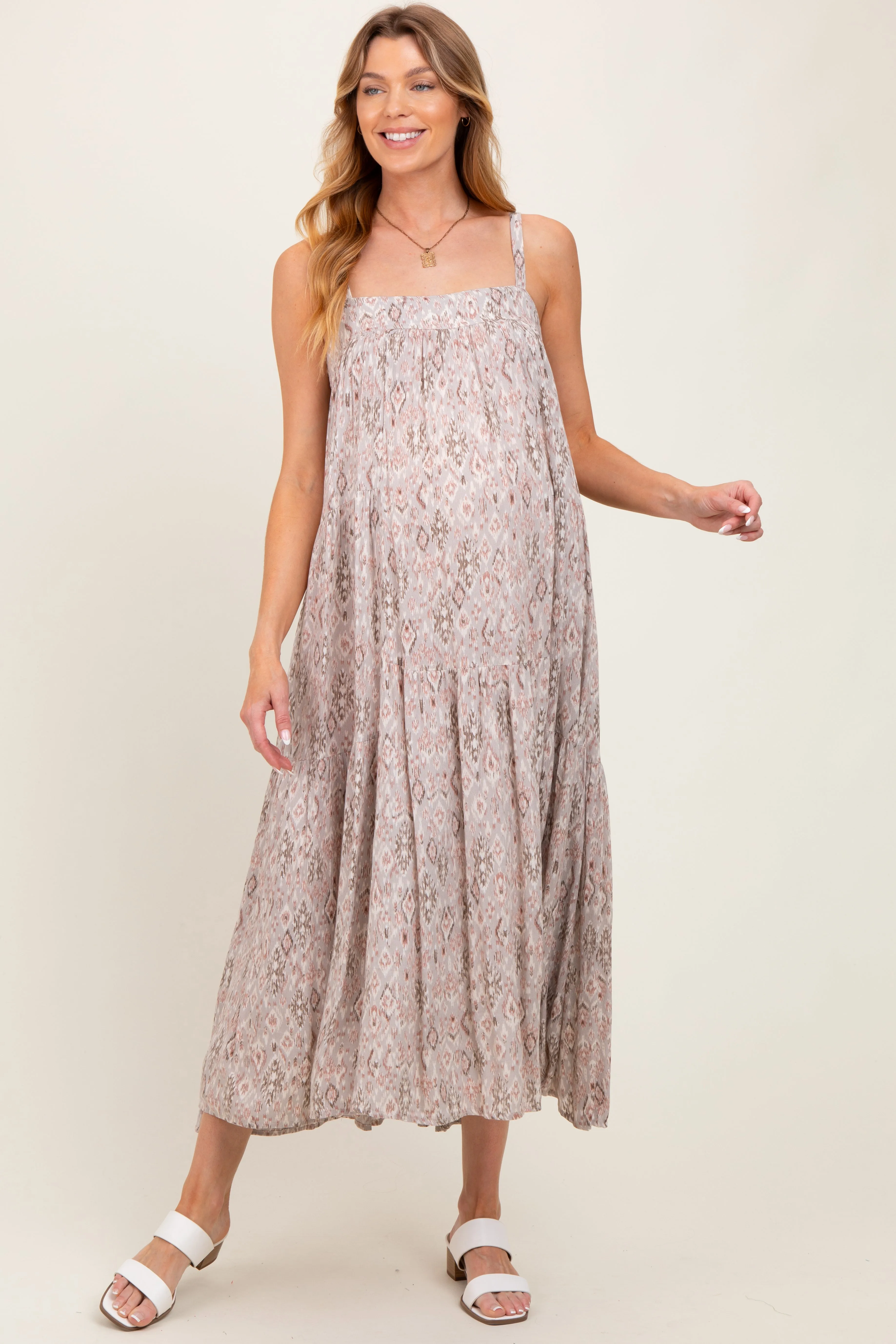 Grey Aztec Tiered Sleeveless Maternity Maxi Dress sold by Pinkblush