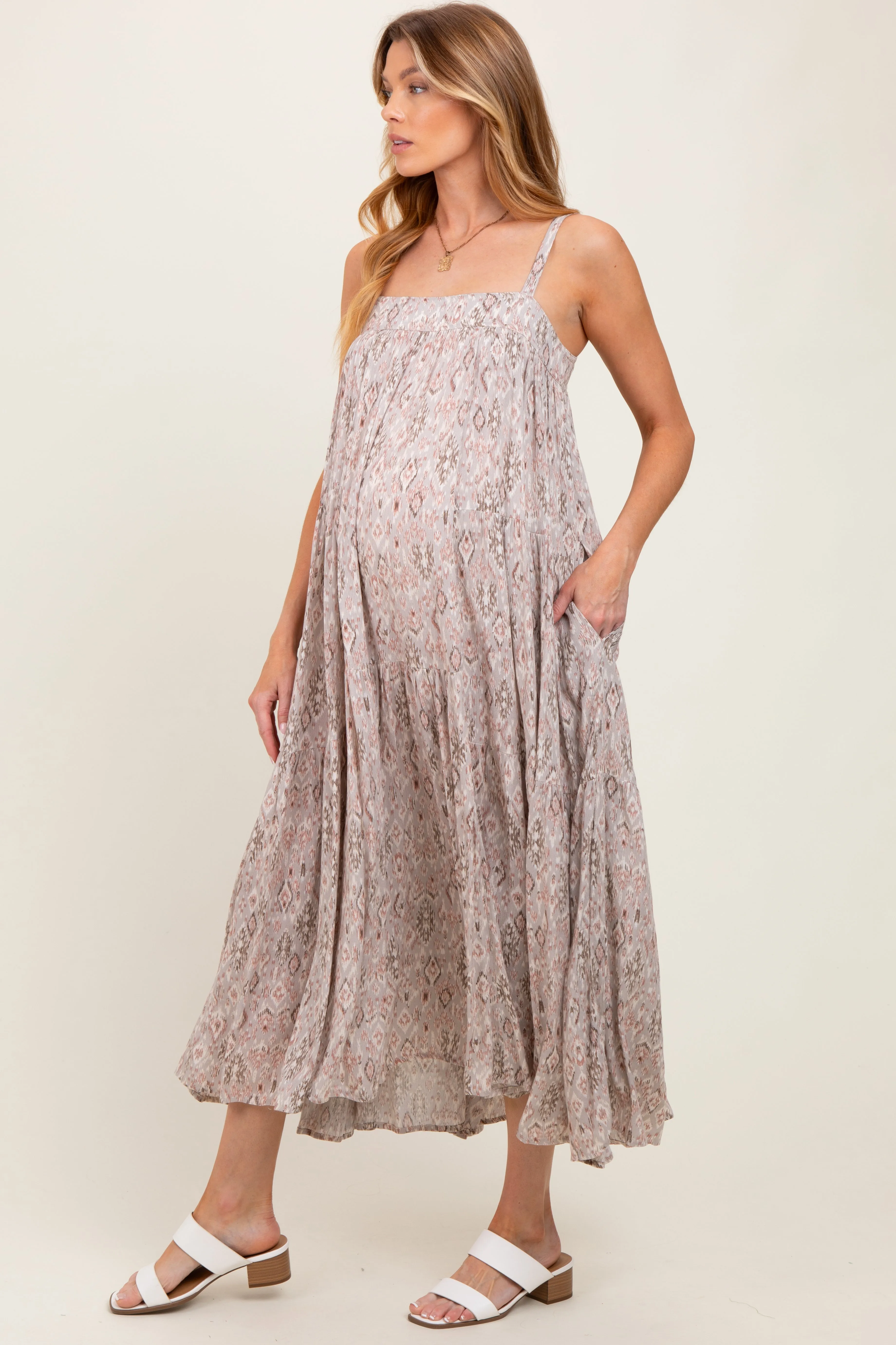 Grey Aztec Tiered Sleeveless Maternity Maxi Dress sold by Pinkblush product image thumbnail 2
