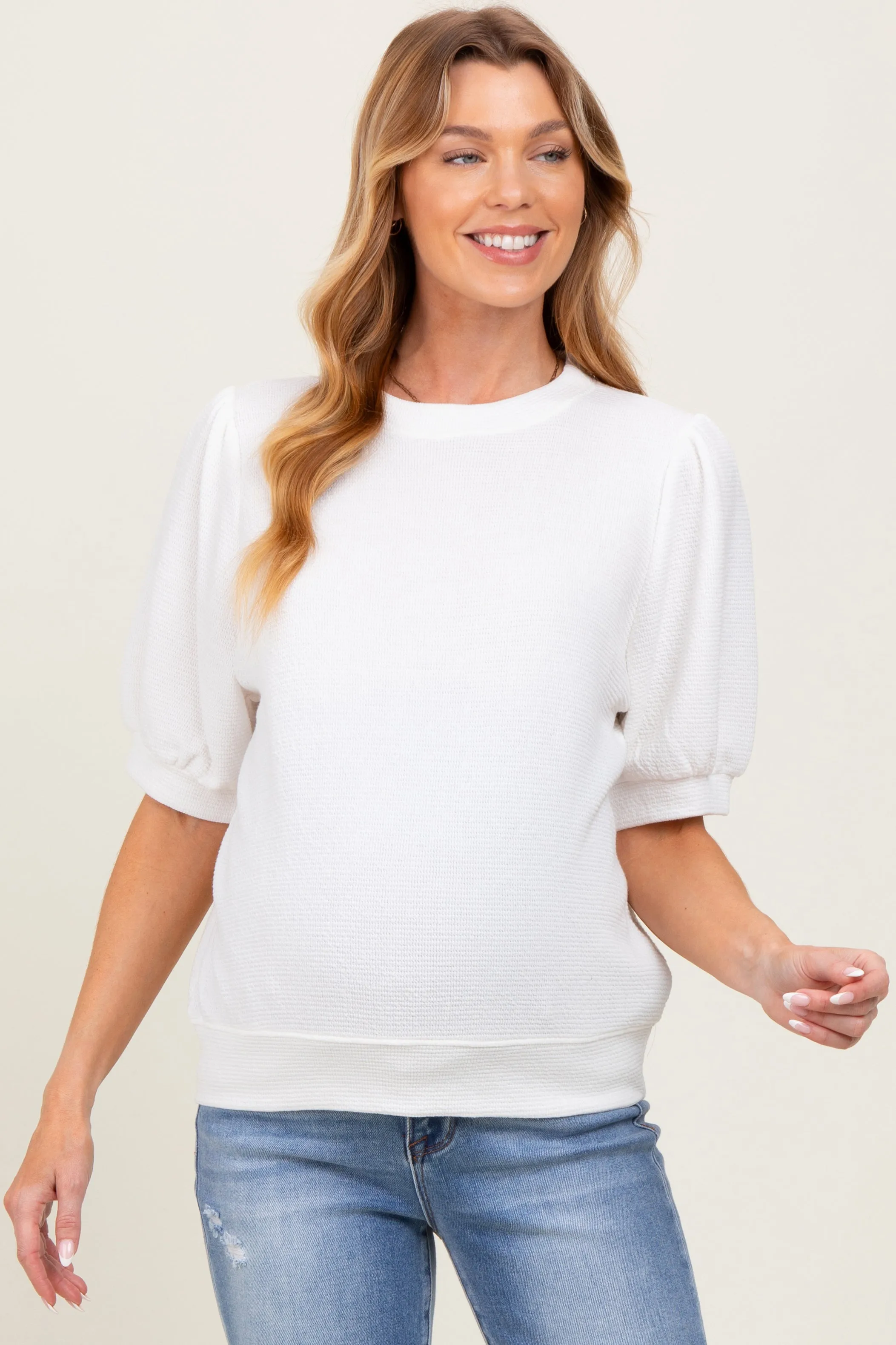 White Knit Maternity Puff Sleeve Top sold by Pinkblush