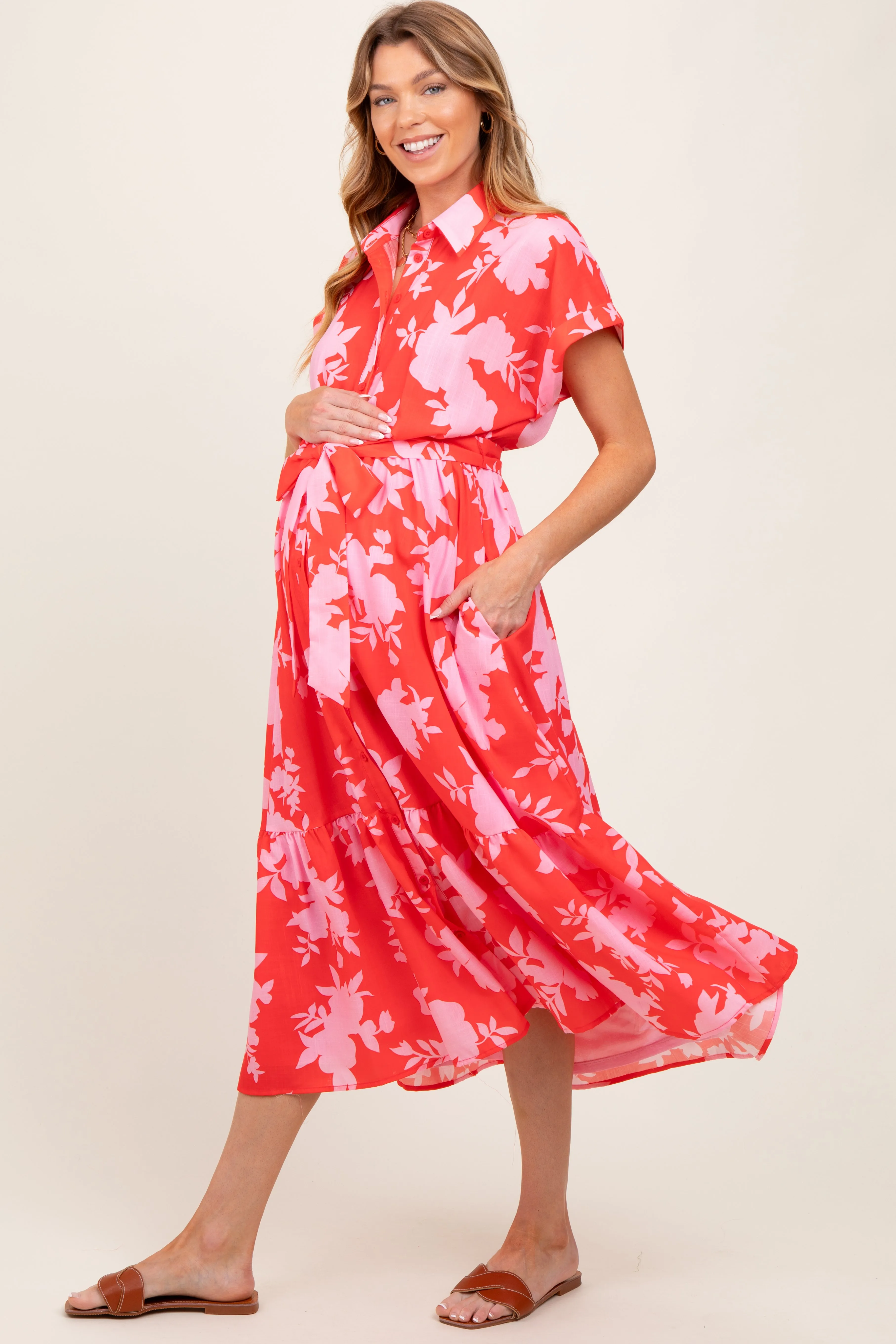 Red Floral Button Down Maternity Shirt Dress sold by Pinkblush