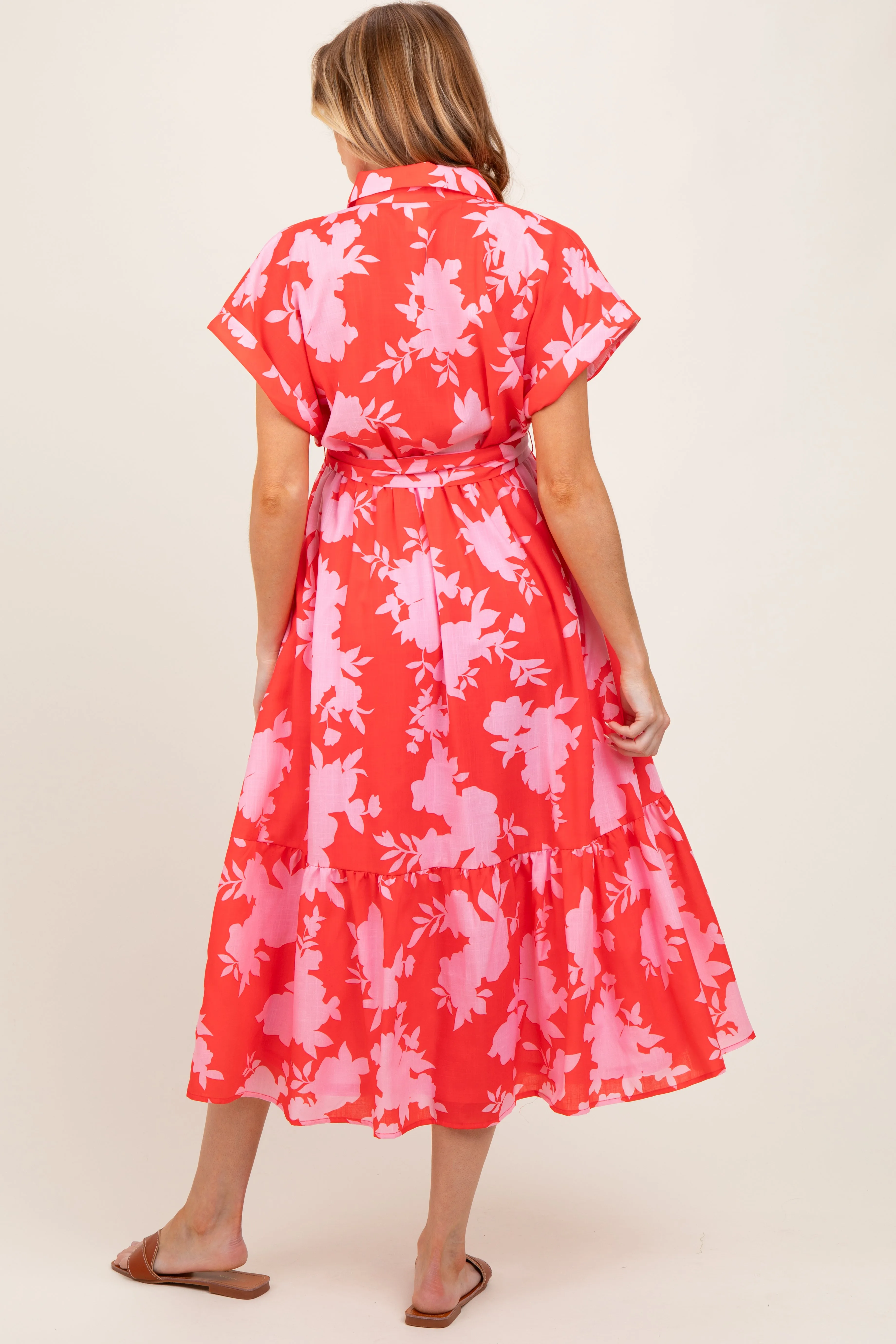 Red Floral Button Down Maternity Shirt Dress sold by Pinkblush product image thumbnail 3