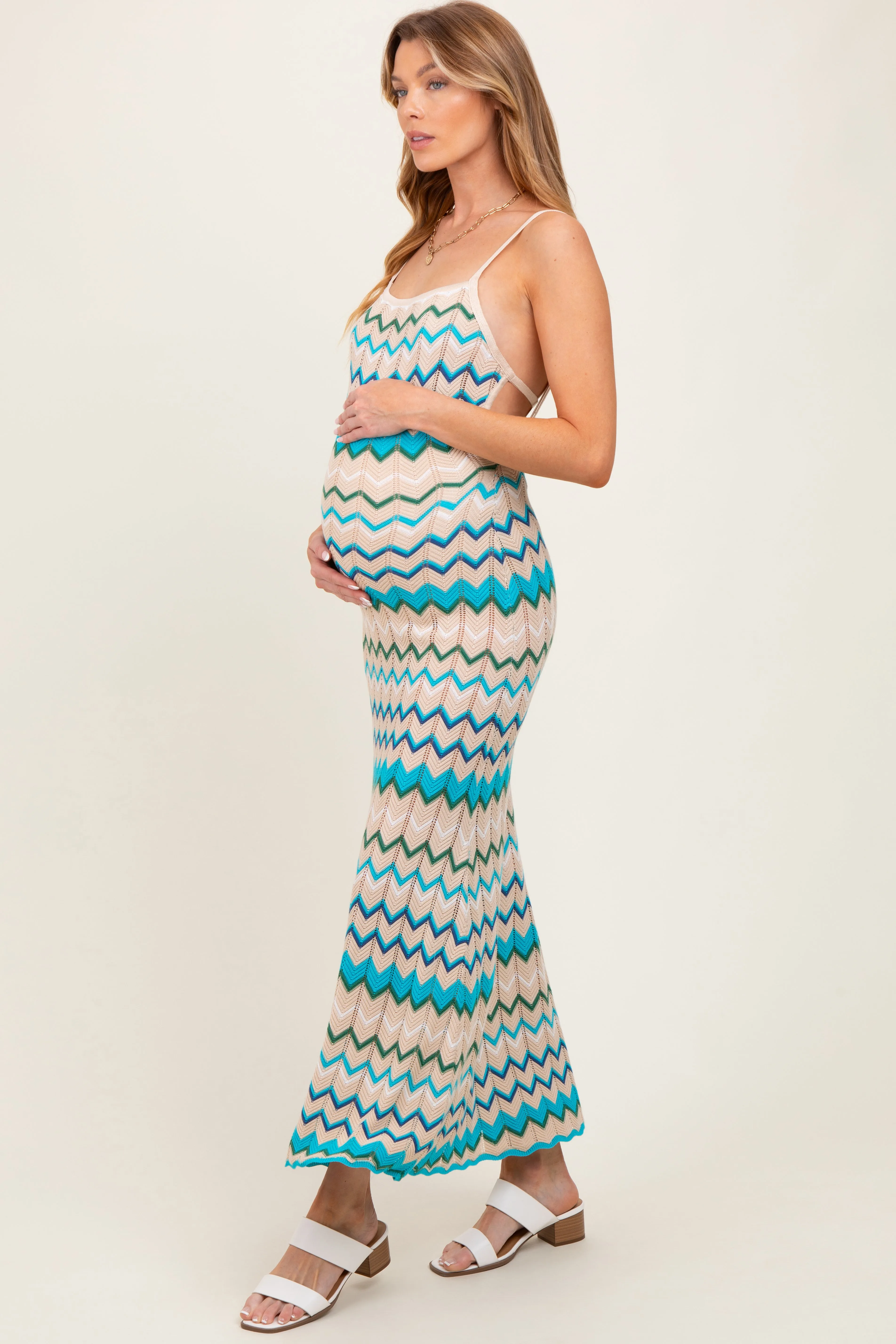 Aqua Pointelle Chevron Knit Open Back Maternity Midi Dress sold by Pinkblush product image thumbnail 3