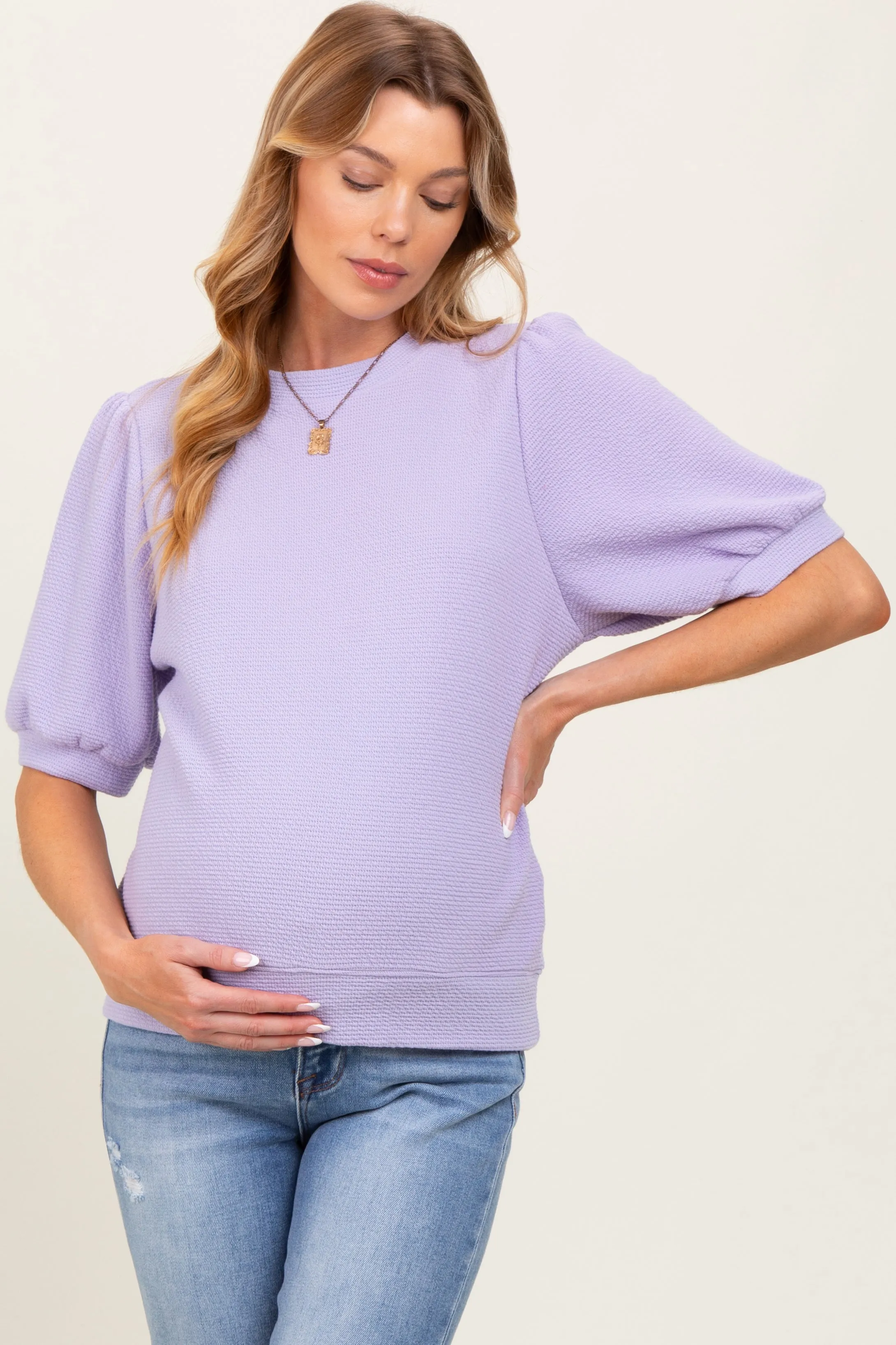Lavender Knit Maternity Puff Sleeve Top sold by Pinkblush product image thumbnail 2